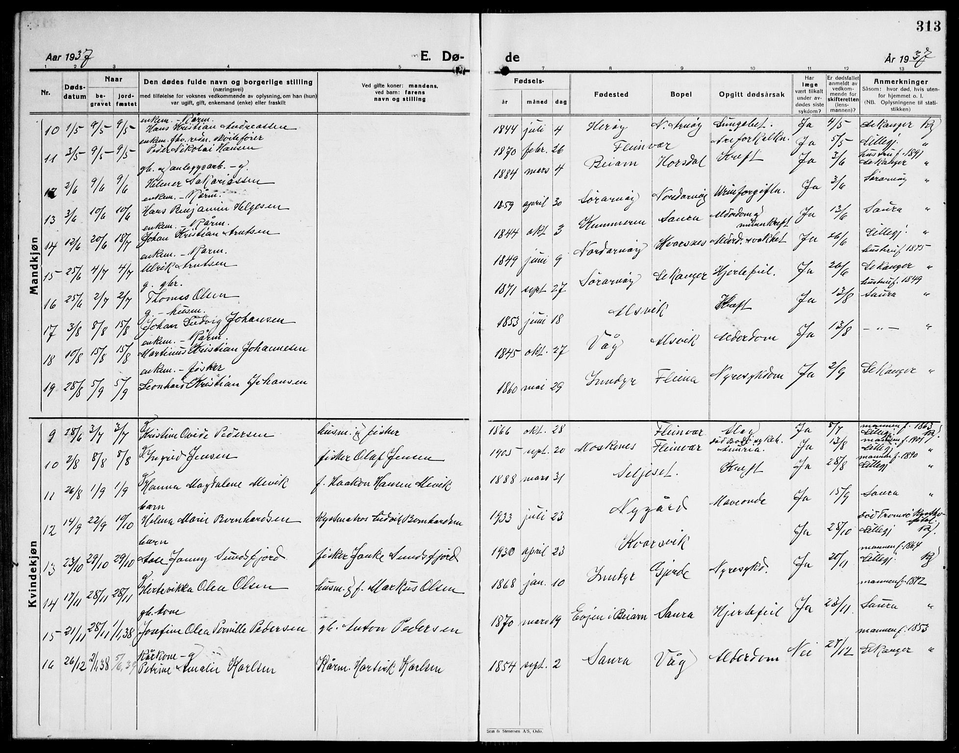 Ministerialprotokoller, klokkerbøker og fødselsregistre - Nordland, AV/SAT-A-1459/805/L0111: Klokkerbok nr. 805C07, 1925-1943, s. 313