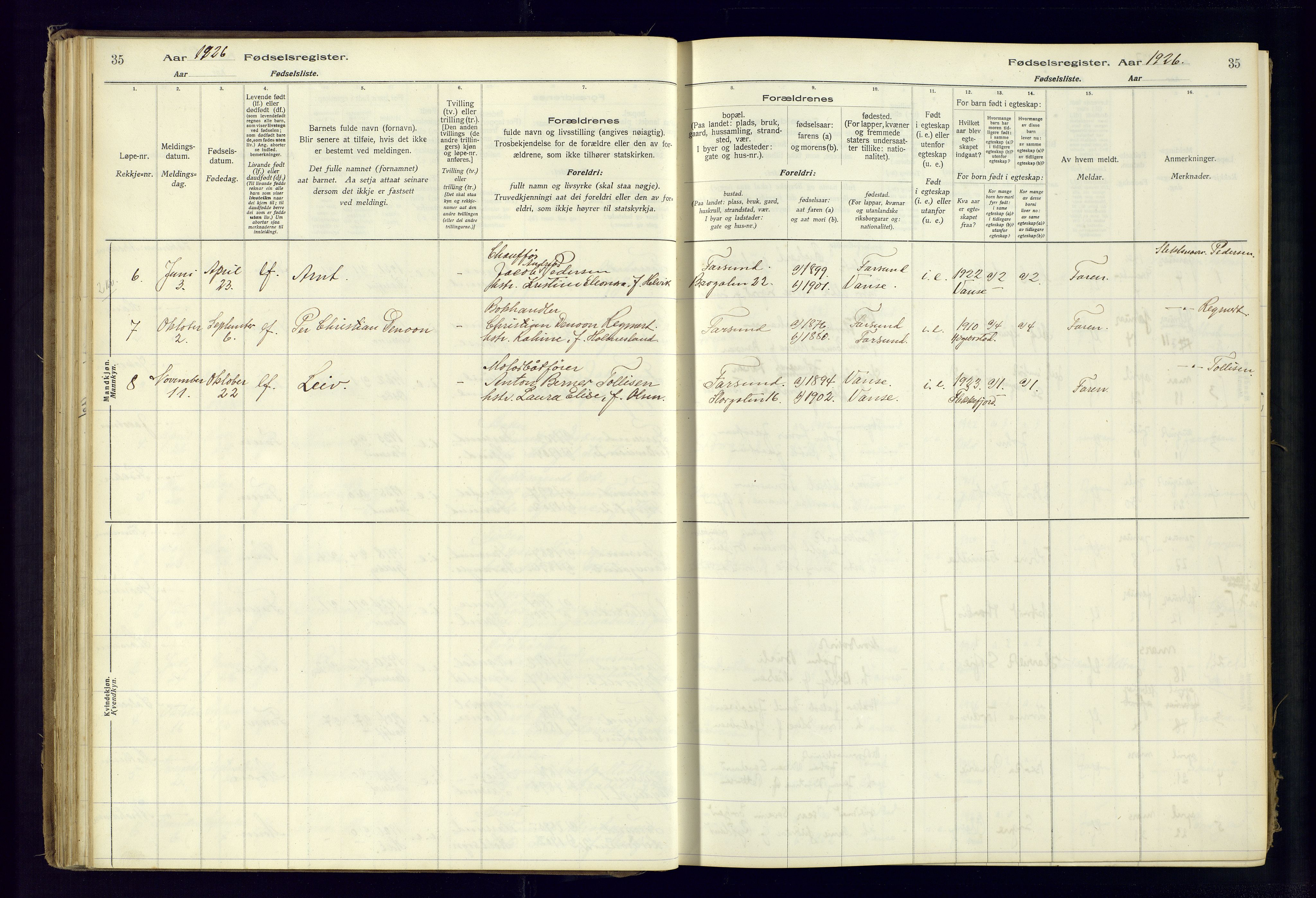 Farsund sokneprestkontor, AV/SAK-1111-0009/J/Ja/L0001: Fødselsregister nr. A-VI-8, 1916-1950, s. 35