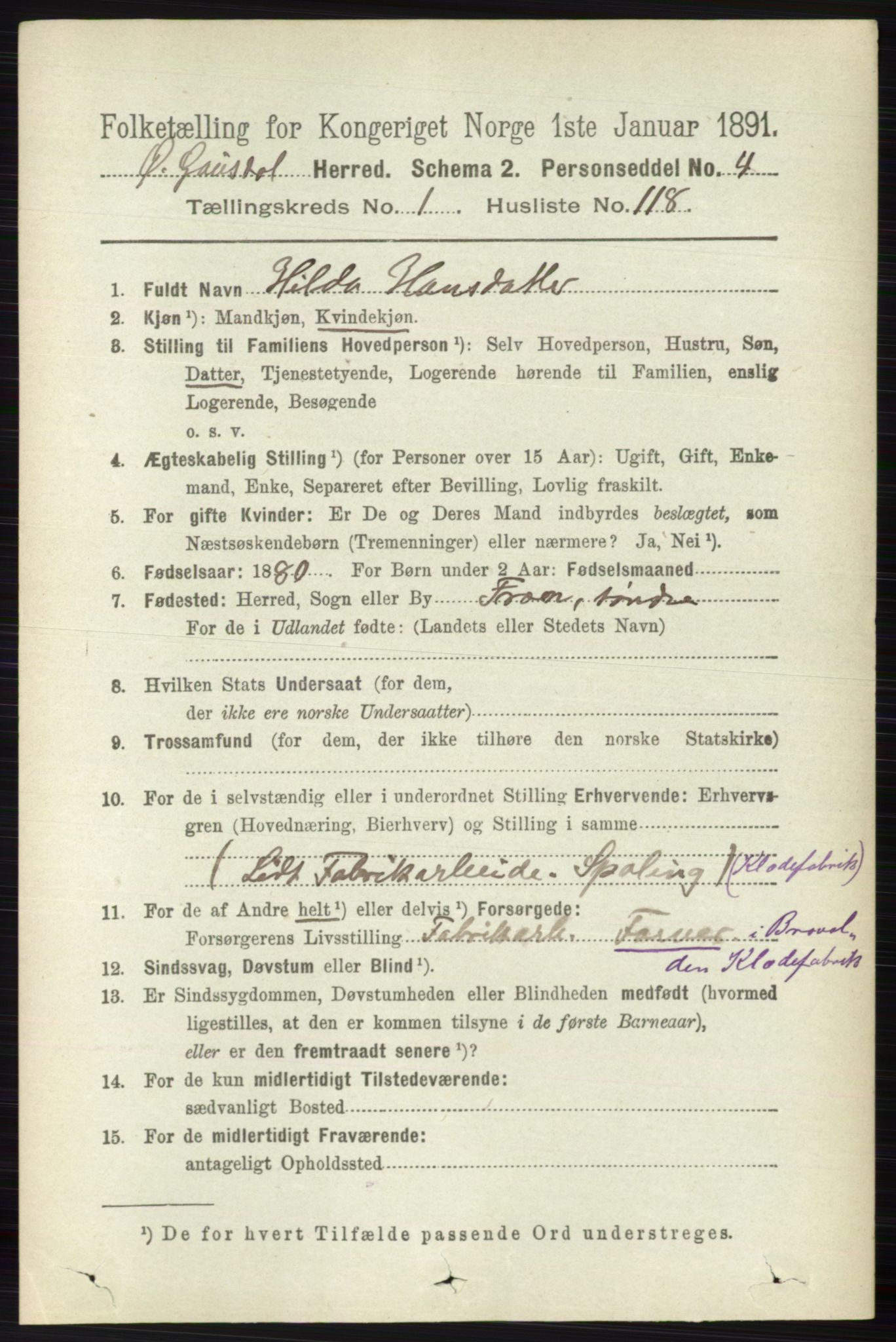 RA, Folketelling 1891 for 0522 Østre Gausdal herred, 1891, s. 945