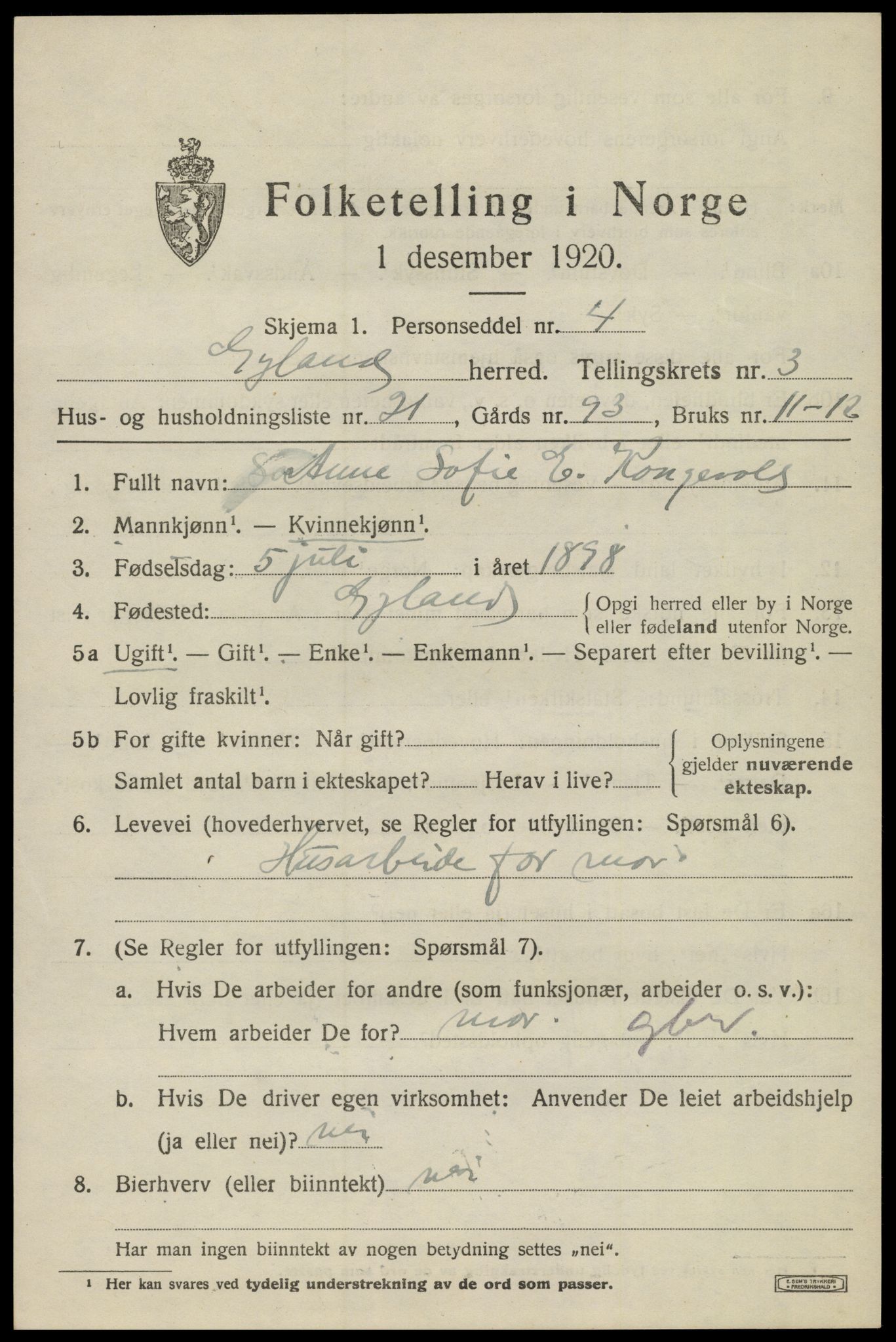 SAK, Folketelling 1920 for 1044 Gyland herred, 1920, s. 1008