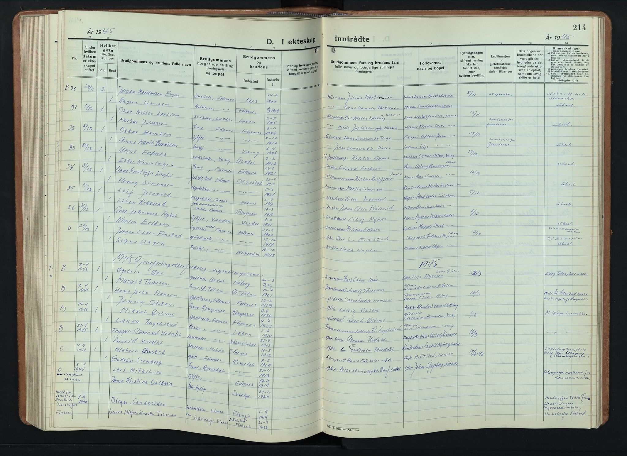 Furnes prestekontor, AV/SAH-PREST-012/L/La/L0002: Klokkerbok nr. 2, 1934-1956, s. 214