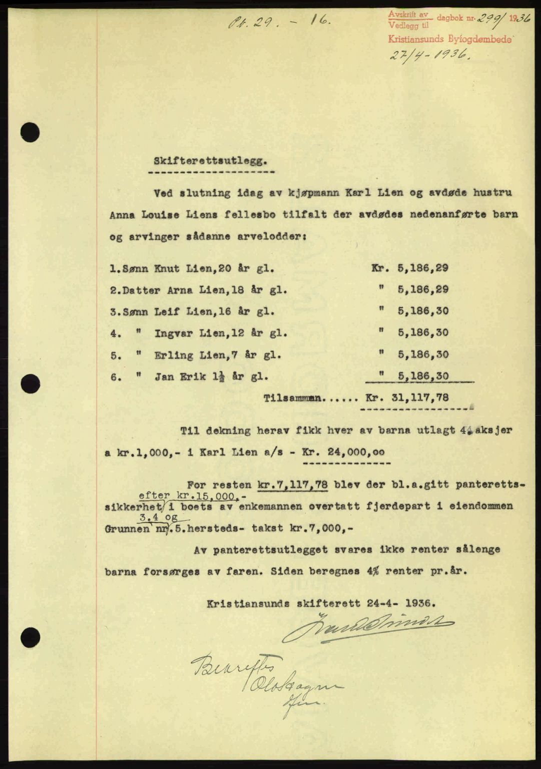 Kristiansund byfogd, SAT/A-4587/A/27: Pantebok nr. 29, 1936-1937, Dagboknr: 299/1936