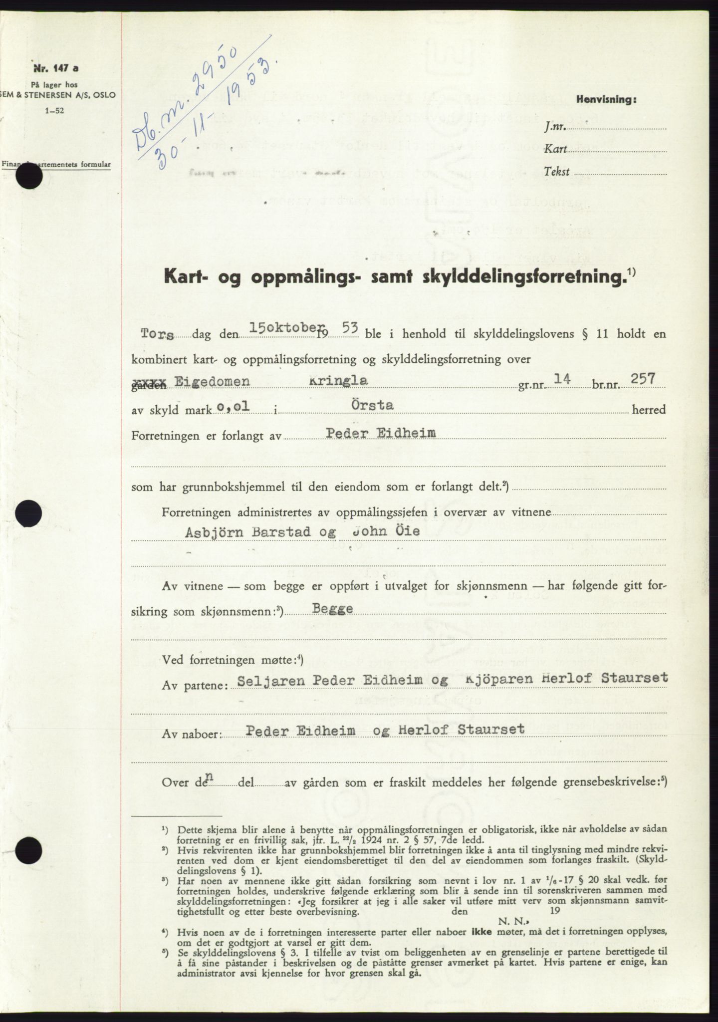 Søre Sunnmøre sorenskriveri, SAT/A-4122/1/2/2C/L0096: Pantebok nr. 22A, 1953-1954, Dagboknr: 2950/1953