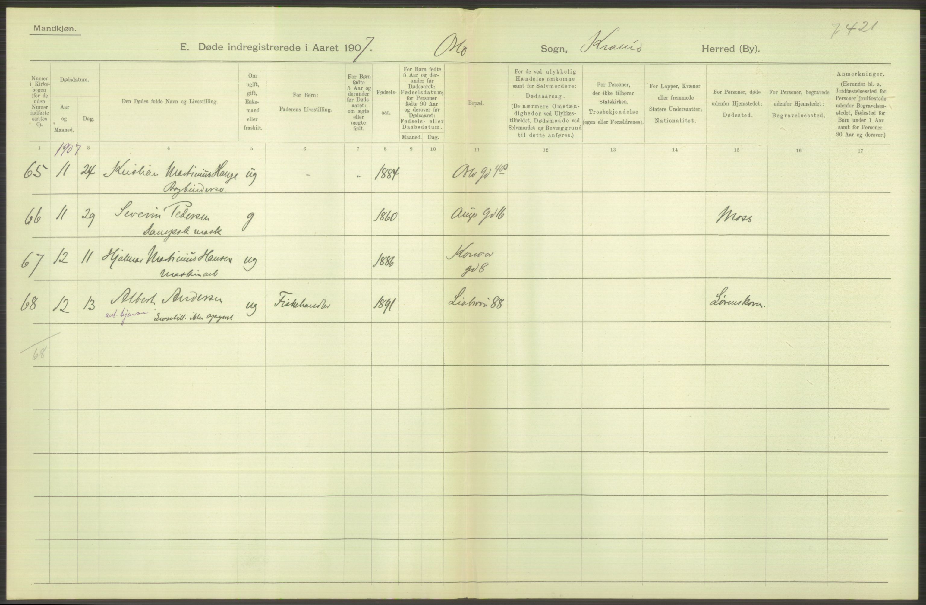 Statistisk sentralbyrå, Sosiodemografiske emner, Befolkning, RA/S-2228/D/Df/Dfa/Dfae/L0009: Kristiania: Døde, 1907, s. 68