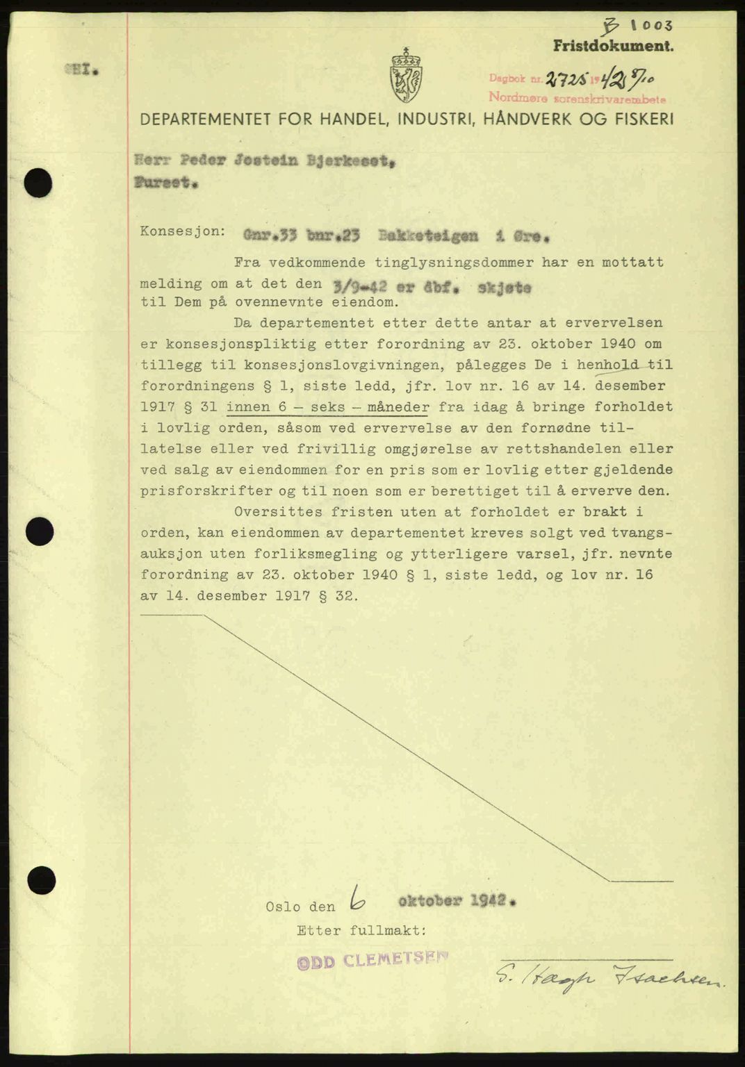 Nordmøre sorenskriveri, AV/SAT-A-4132/1/2/2Ca: Pantebok nr. B89, 1942-1942, Dagboknr: 2725/1942