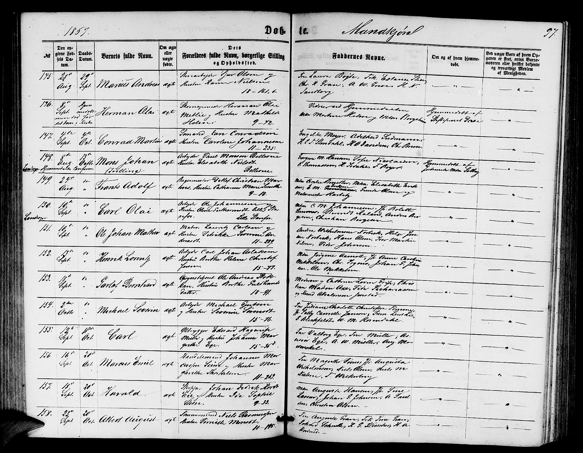 Domkirken sokneprestembete, AV/SAB-A-74801/H/Hab/L0012: Klokkerbok nr. B 5, 1862-1869, s. 97