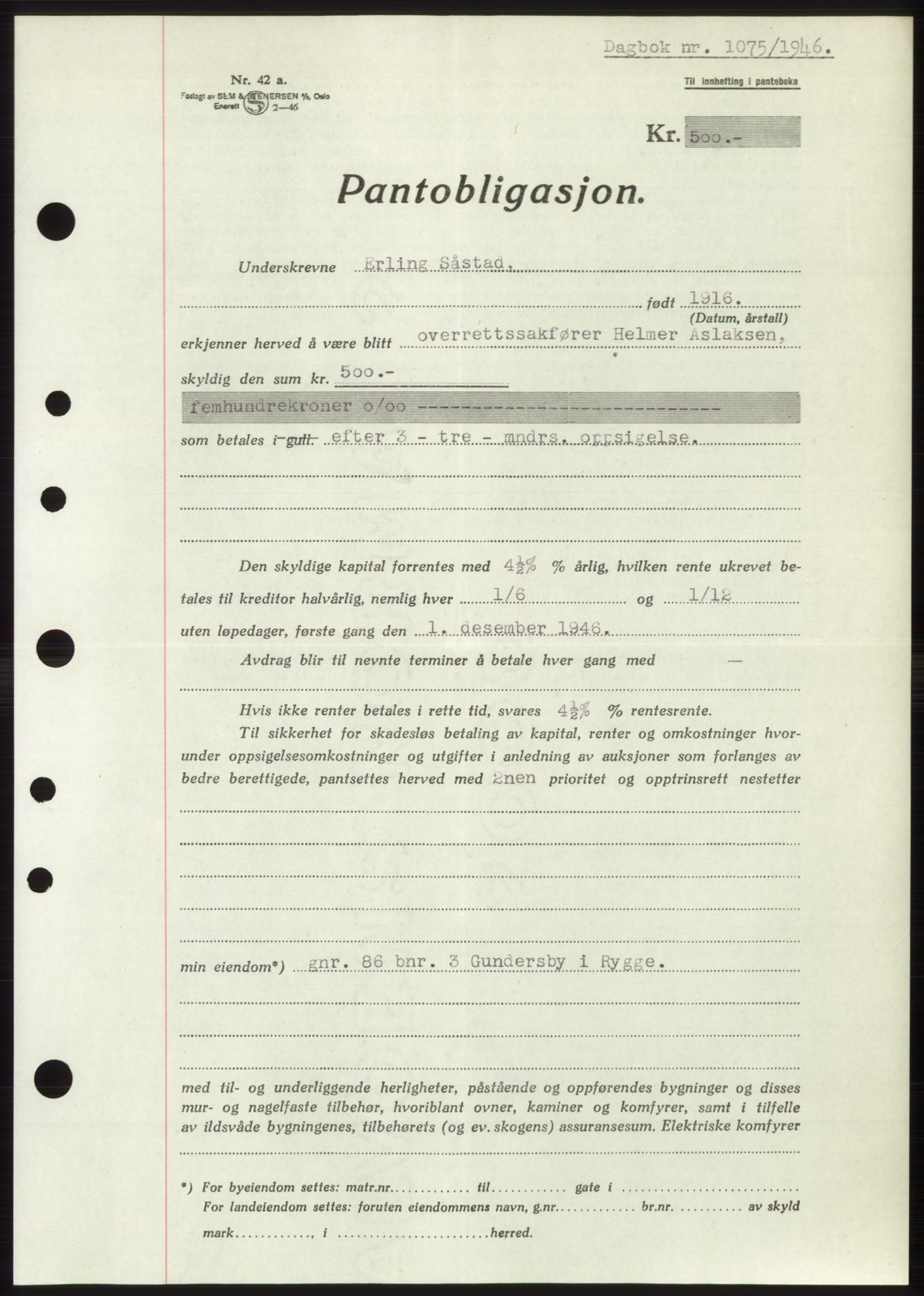Moss sorenskriveri, SAO/A-10168: Pantebok nr. B15, 1946-1946, Dagboknr: 1075/1946