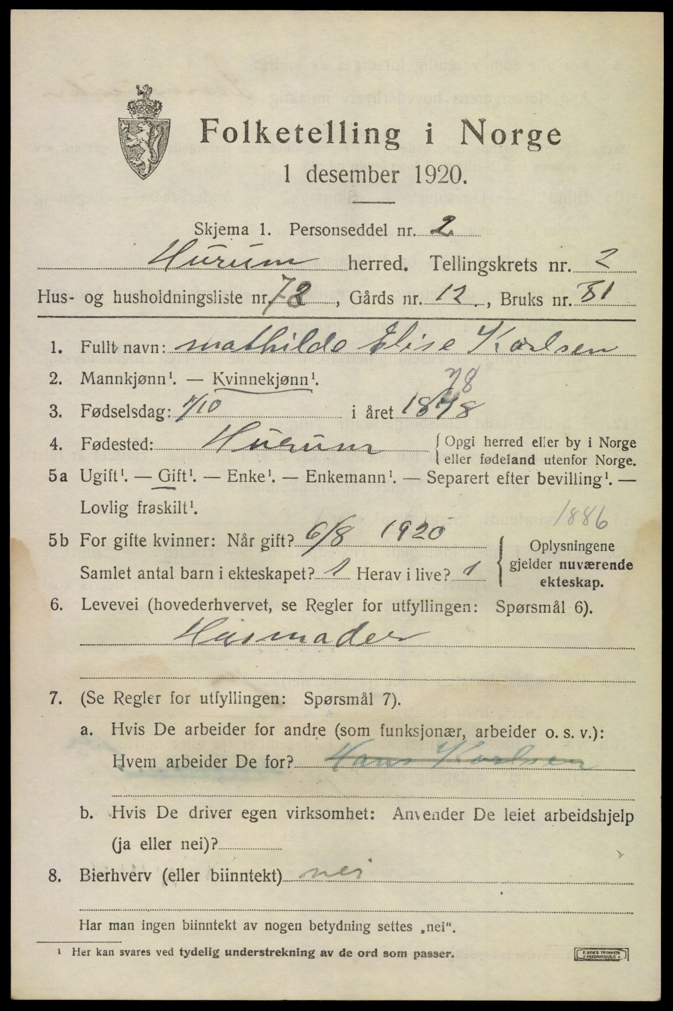 SAKO, Folketelling 1920 for 0628 Hurum herred, 1920, s. 4612