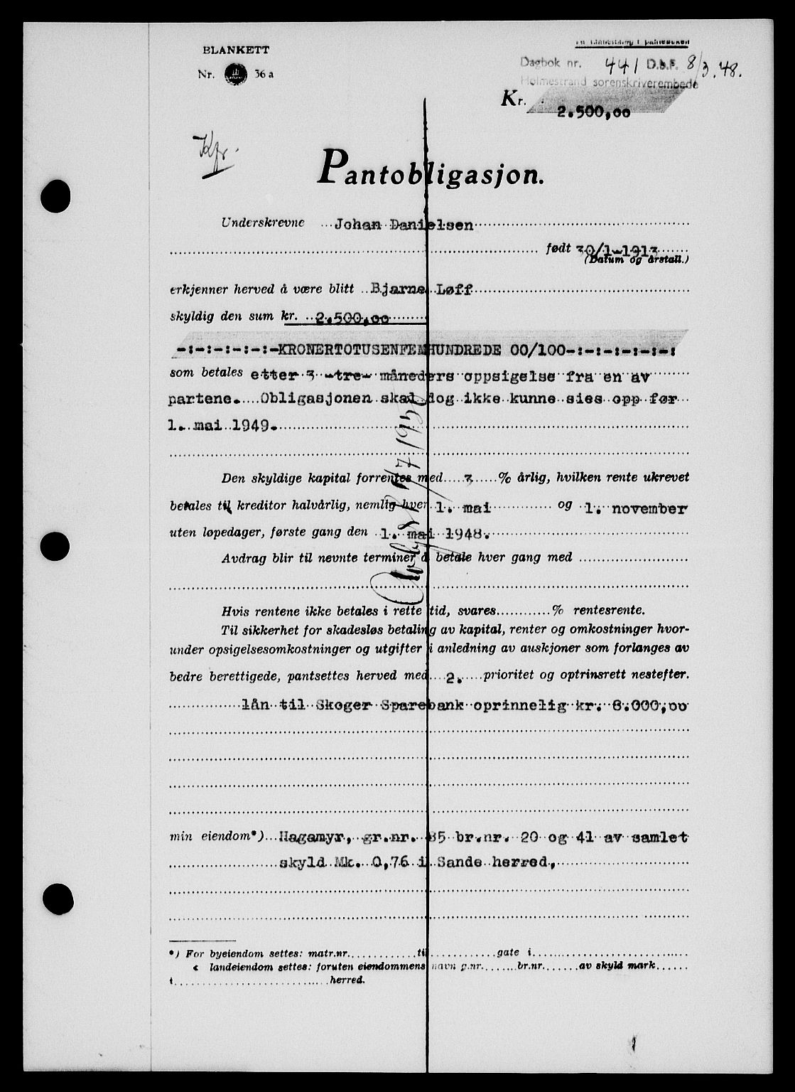 Holmestrand sorenskriveri, SAKO/A-67/G/Ga/Gab/L0058: Pantebok nr. B-58, 1947-1948, Dagboknr: 441/1948