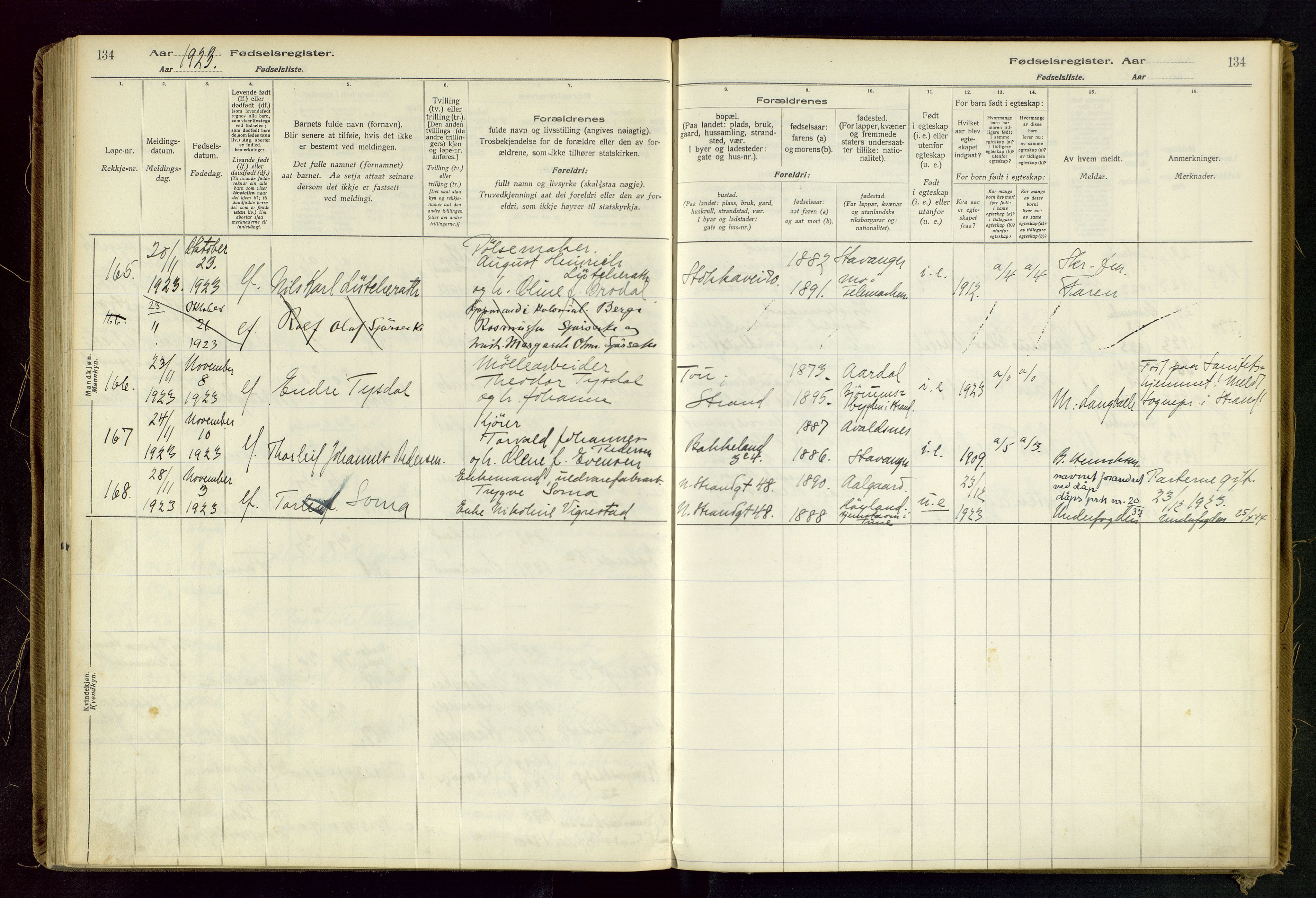 Domkirken sokneprestkontor, SAST/A-101812/002/B/L0002: Fødselsregister nr. 2, 1920-1925, s. 134