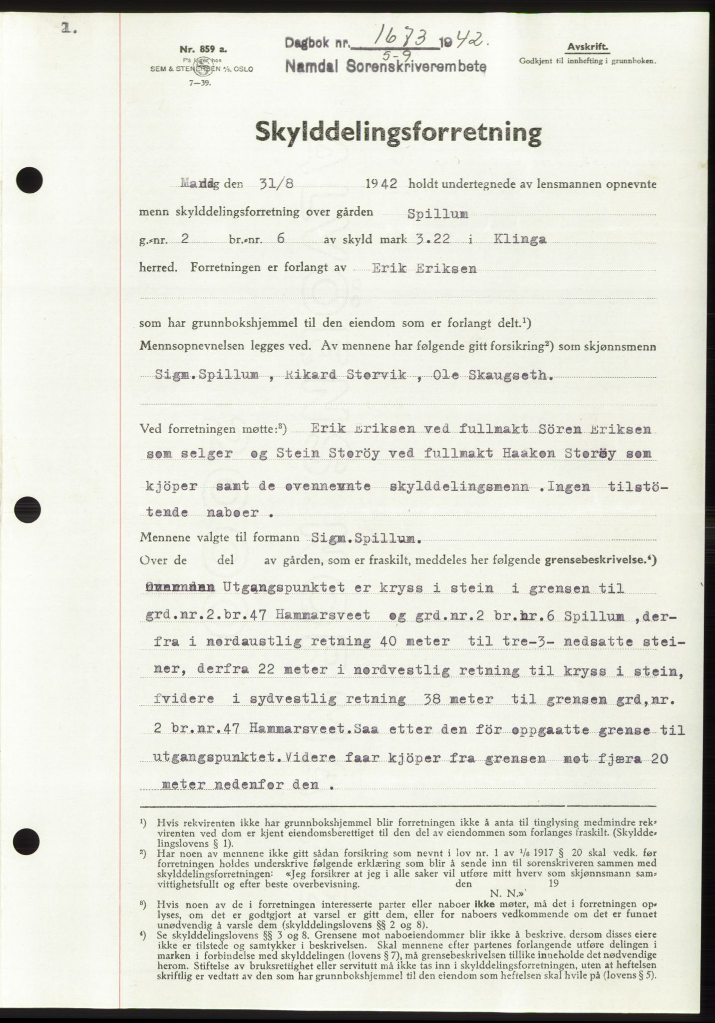 Namdal sorenskriveri, SAT/A-4133/1/2/2C: Pantebok nr. -, 1942-1943, Dagboknr: 1673/1942