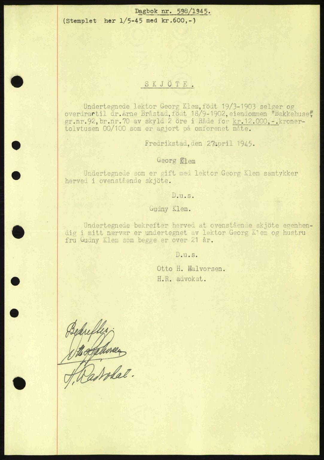Moss sorenskriveri, SAO/A-10168: Pantebok nr. A13, 1944-1945, Dagboknr: 598/1945