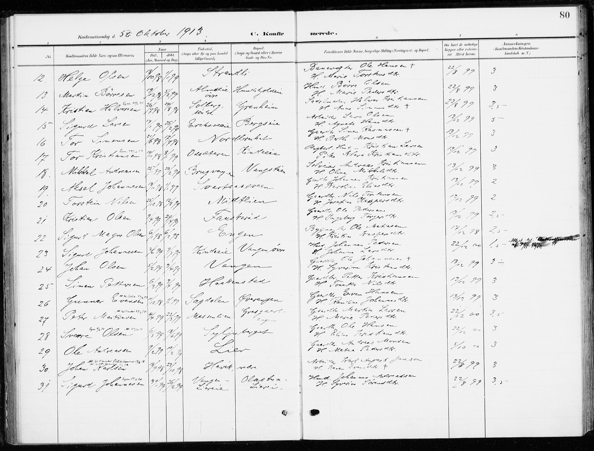 Ringsaker prestekontor, AV/SAH-PREST-014/K/Ka/L0021: Ministerialbok nr. 21, 1905-1920, s. 80