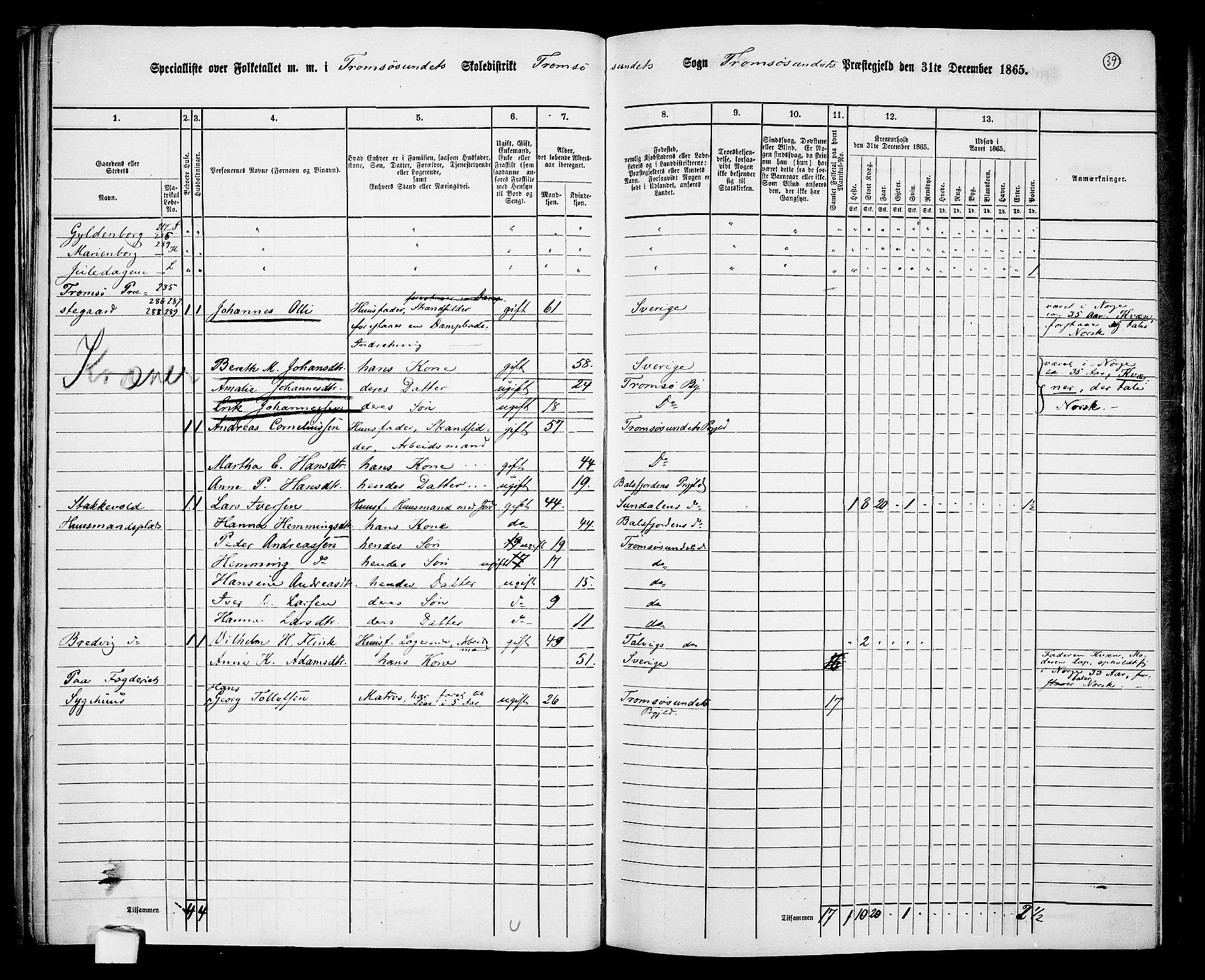 RA, Folketelling 1865 for 1934P Tromsøysund prestegjeld, 1865, s. 39