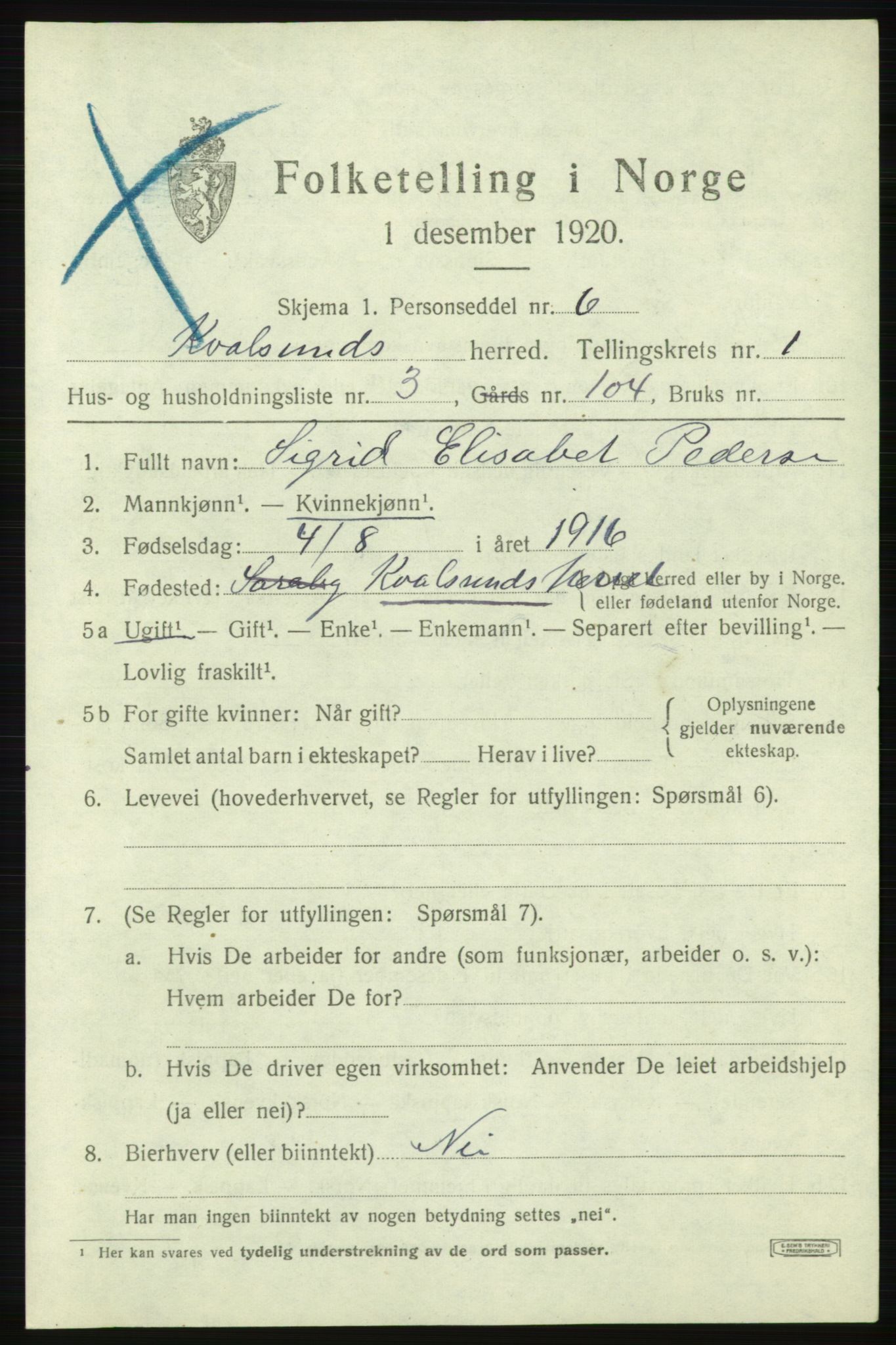 SATØ, Folketelling 1920 for 2017 Kvalsund herred, 1920, s. 498