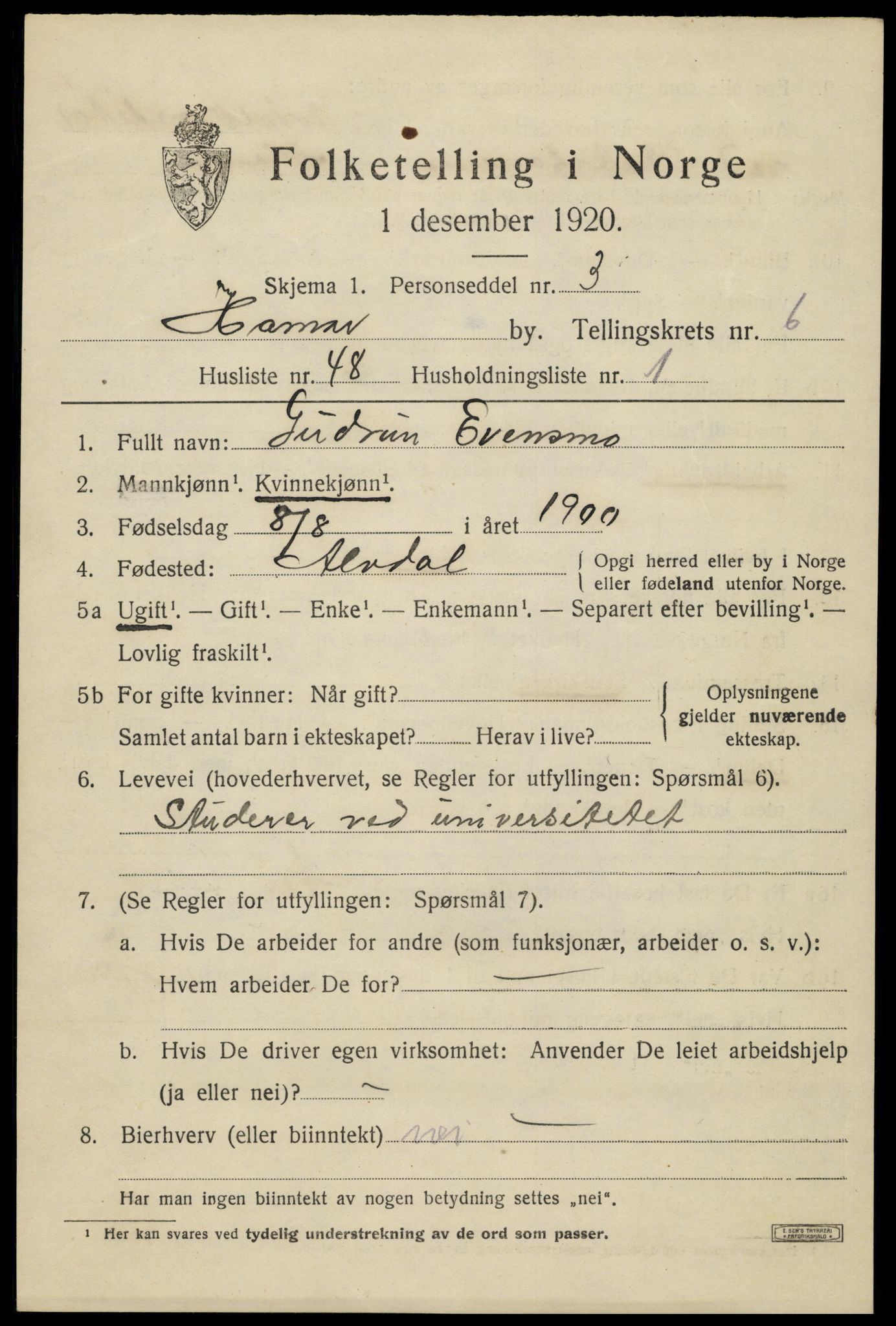 SAH, Folketelling 1920 for 0401 Hamar kjøpstad, 1920, s. 12183