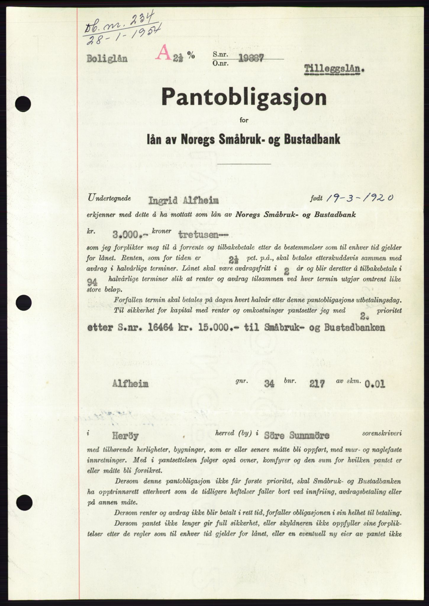 Søre Sunnmøre sorenskriveri, AV/SAT-A-4122/1/2/2C/L0124: Pantebok nr. 12B, 1953-1954, Dagboknr: 234/1954
