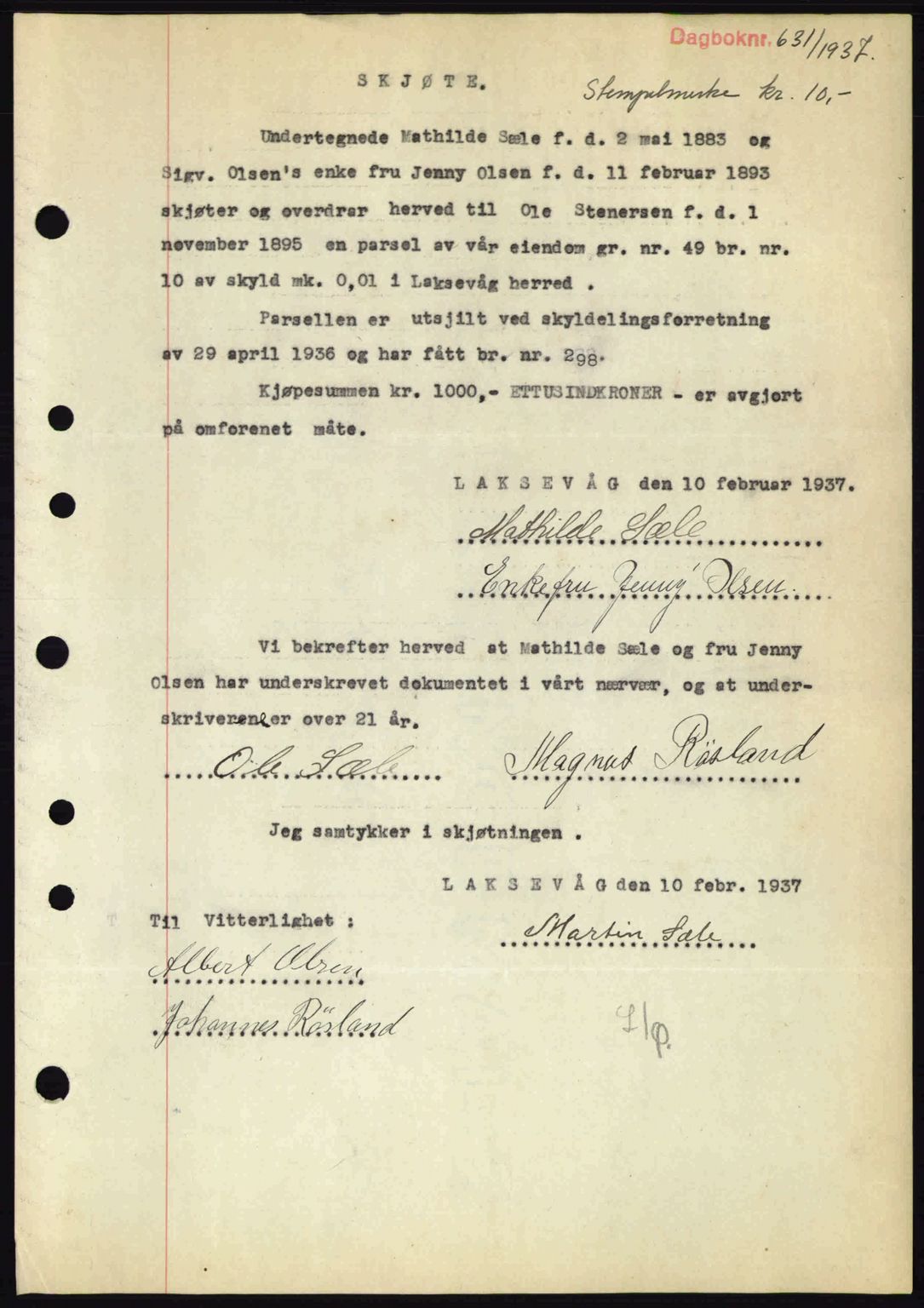 Midhordland sorenskriveri, SAB/A-3001/1/G/Gb/Gbk/L0001: Pantebok nr. A1-6, 1936-1937, Dagboknr: 631/1937