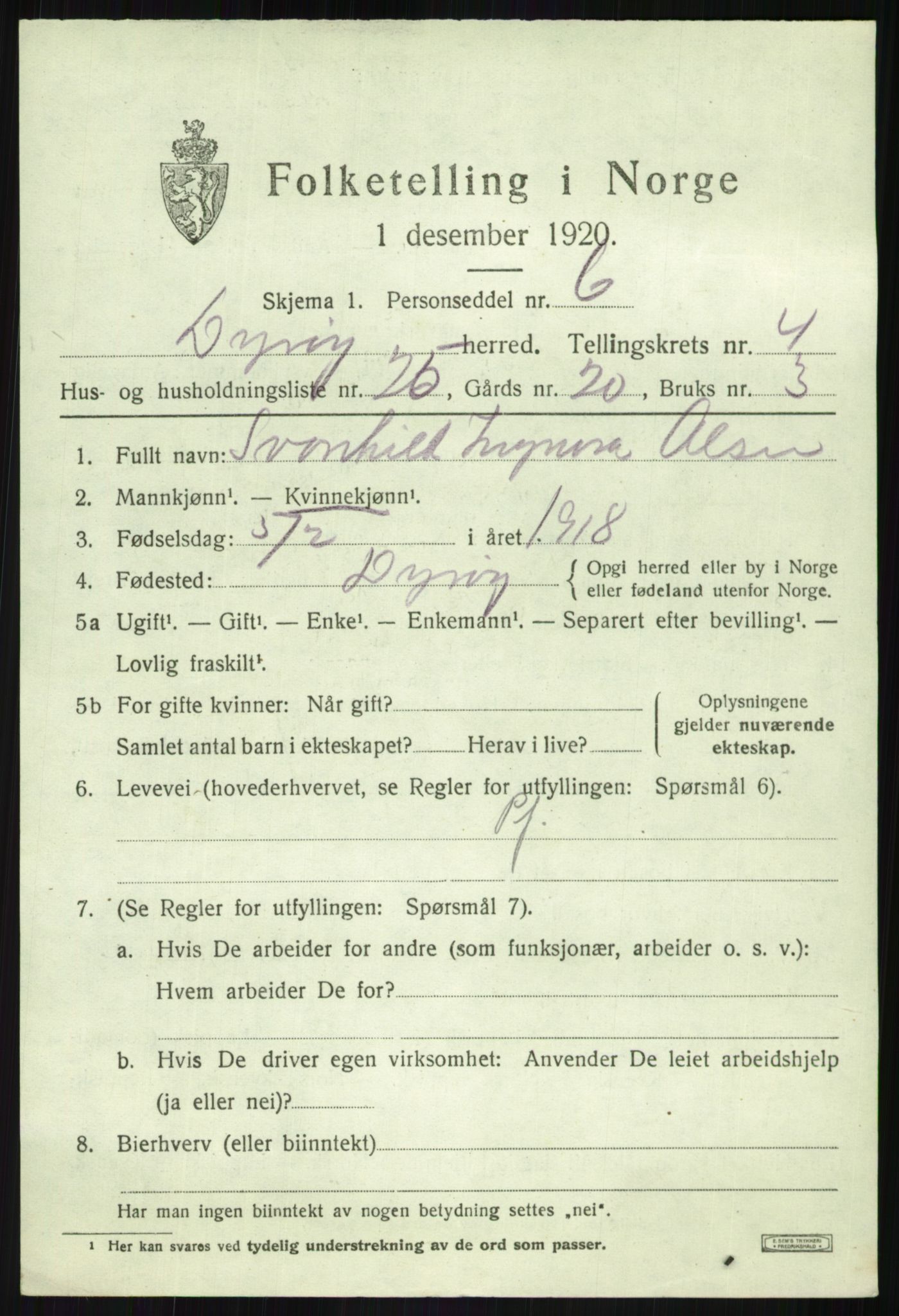 SATØ, Folketelling 1920 for 1926 Dyrøy herred, 1920, s. 2481