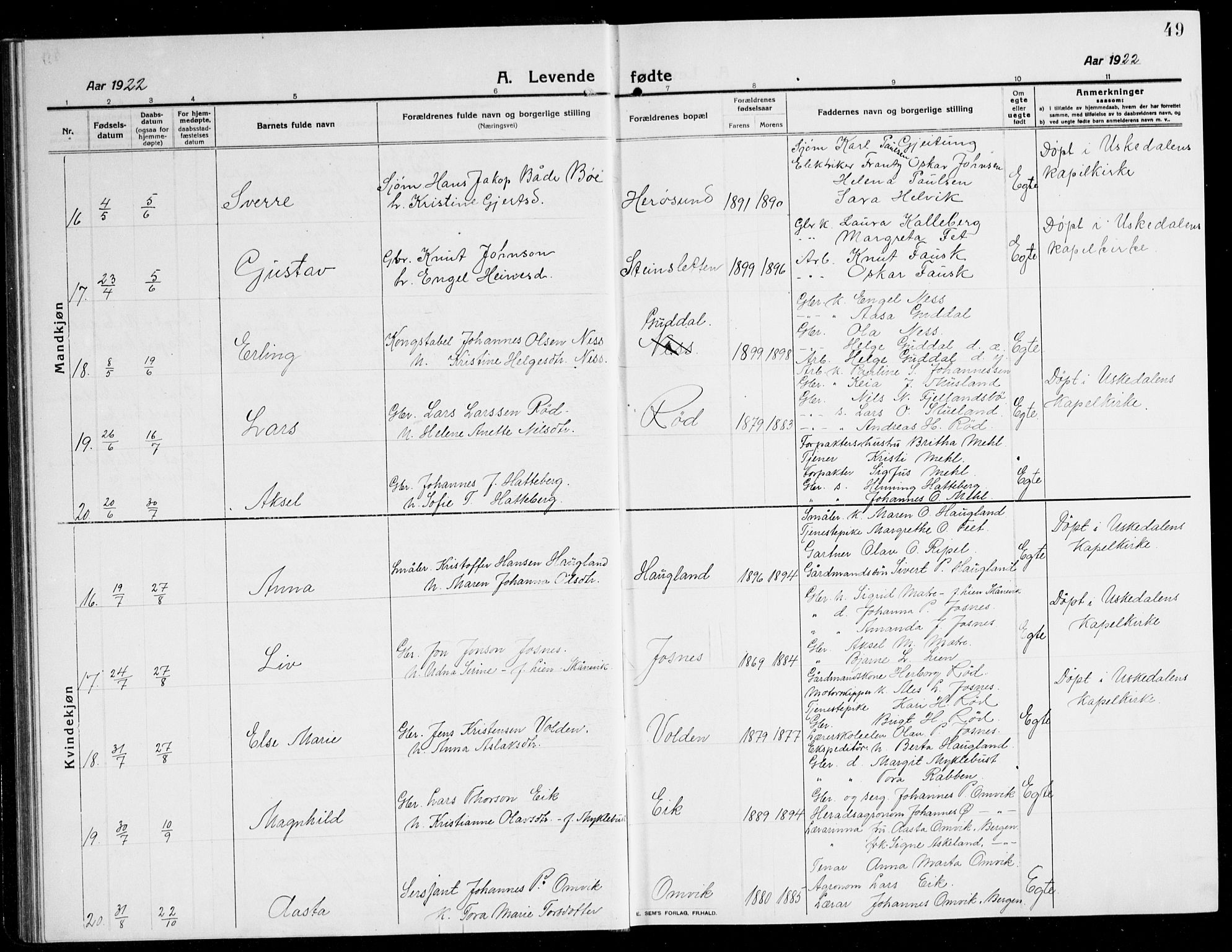 Kvinnherad sokneprestembete, AV/SAB-A-76401/H/Hab: Klokkerbok nr. A 3, 1911-1945, s. 49