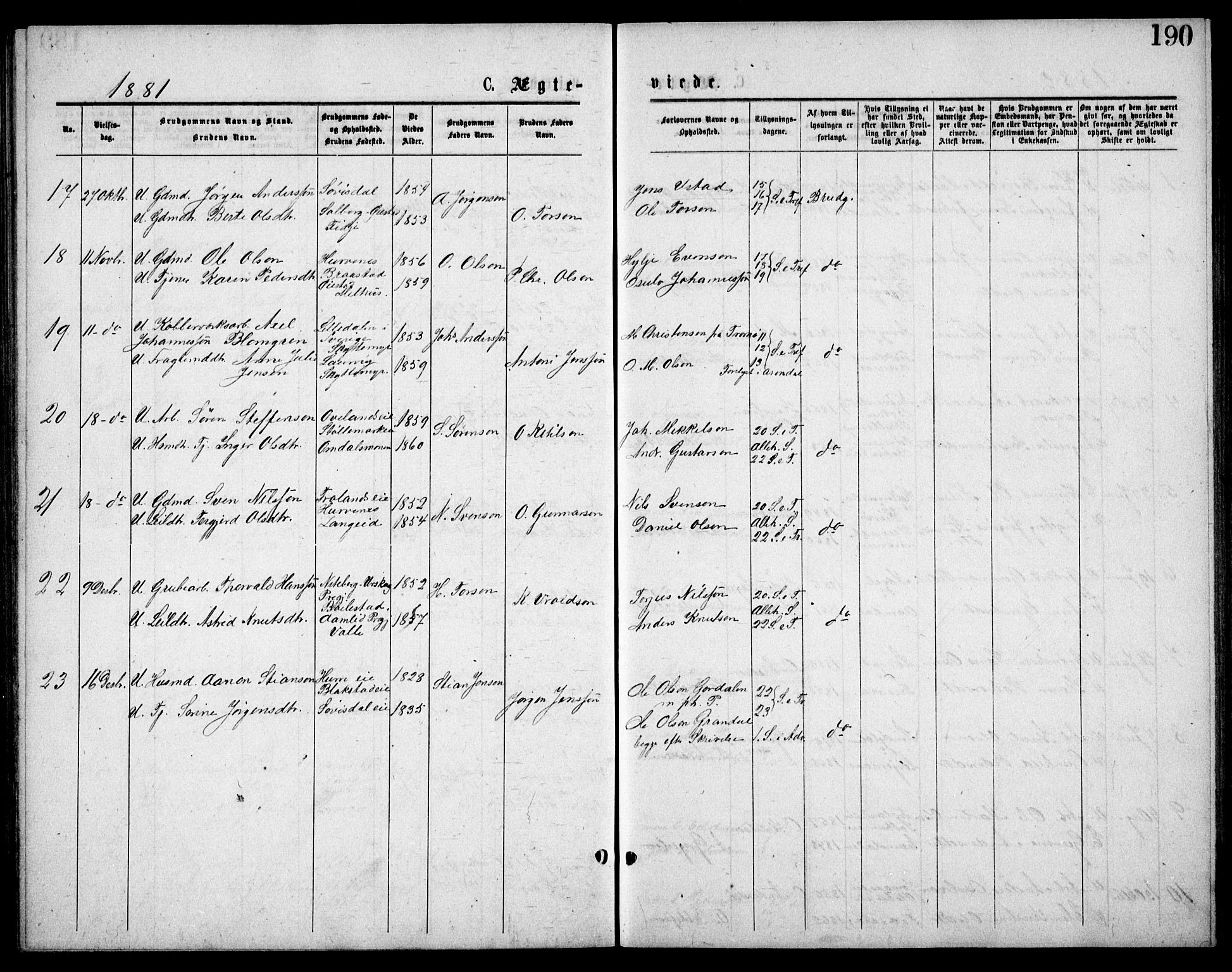 Froland sokneprestkontor, AV/SAK-1111-0013/F/Fb/L0009: Klokkerbok nr. B 9, 1875-1893, s. 190