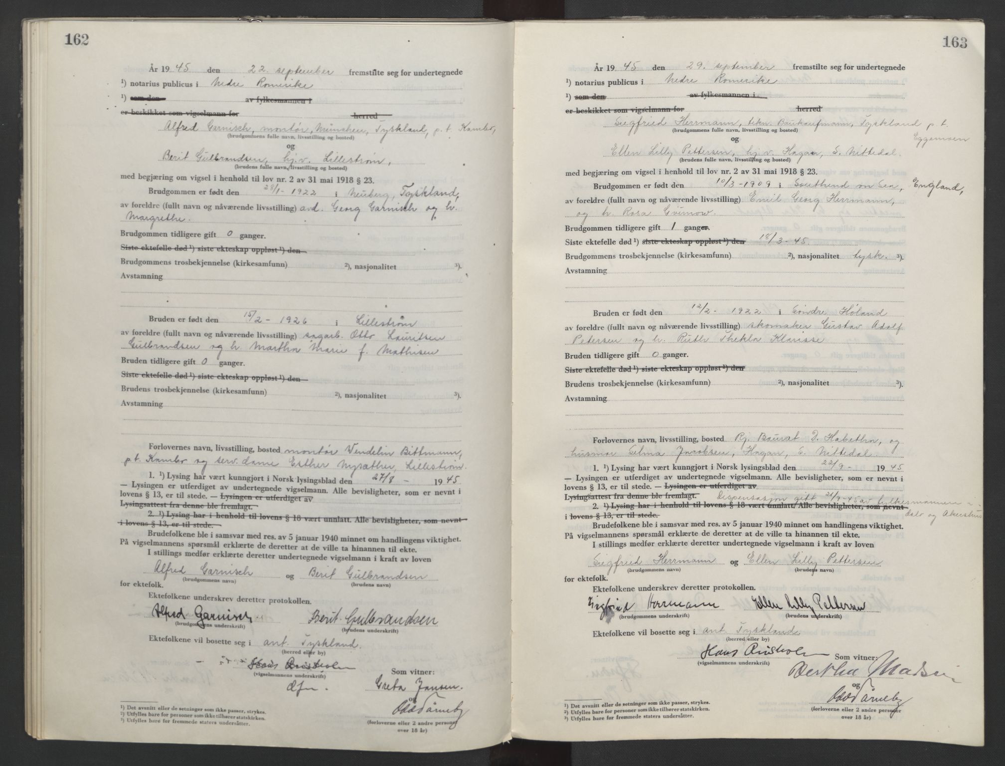 Nedre Romerike sorenskriveri, SAO/A-10469/L/Lb/L0006: Vigselsbok - borgerlige vielser, 1944-1946, s. 162-163