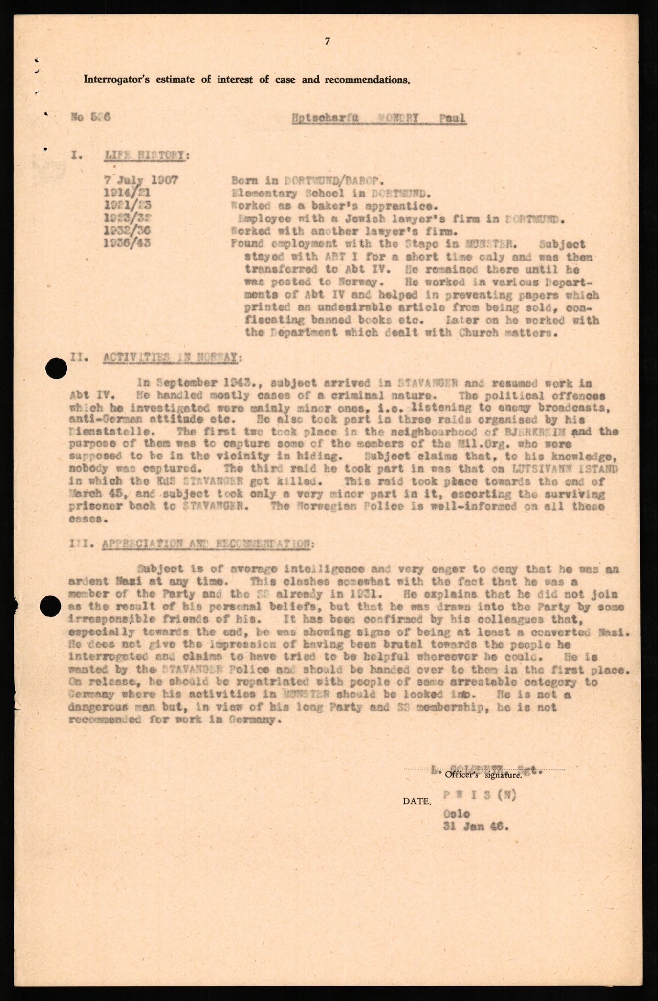 Forsvaret, Forsvarets overkommando II, RA/RAFA-3915/D/Db/L0022: CI Questionaires. Tyske okkupasjonsstyrker i Norge. Tyskere., 1945-1946, s. 193