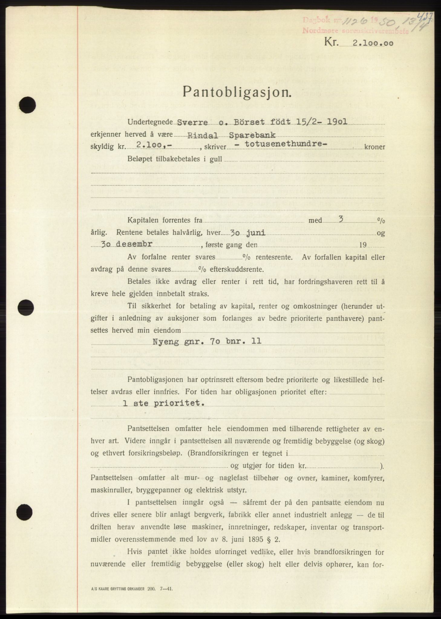 Nordmøre sorenskriveri, SAT/A-4132/1/2/2Ca: Pantebok nr. B104, 1950-1950, Dagboknr: 1126/1950