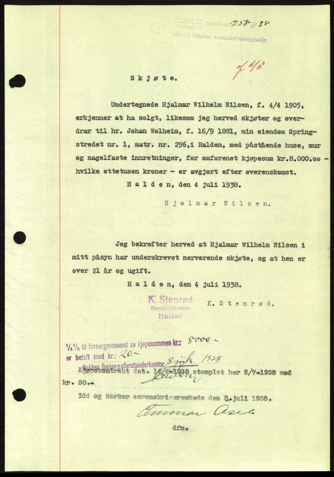 Idd og Marker sorenskriveri, AV/SAO-A-10283/G/Gb/Gbb/L0002: Pantebok nr. A2, 1937-1938, Dagboknr: 758/1938