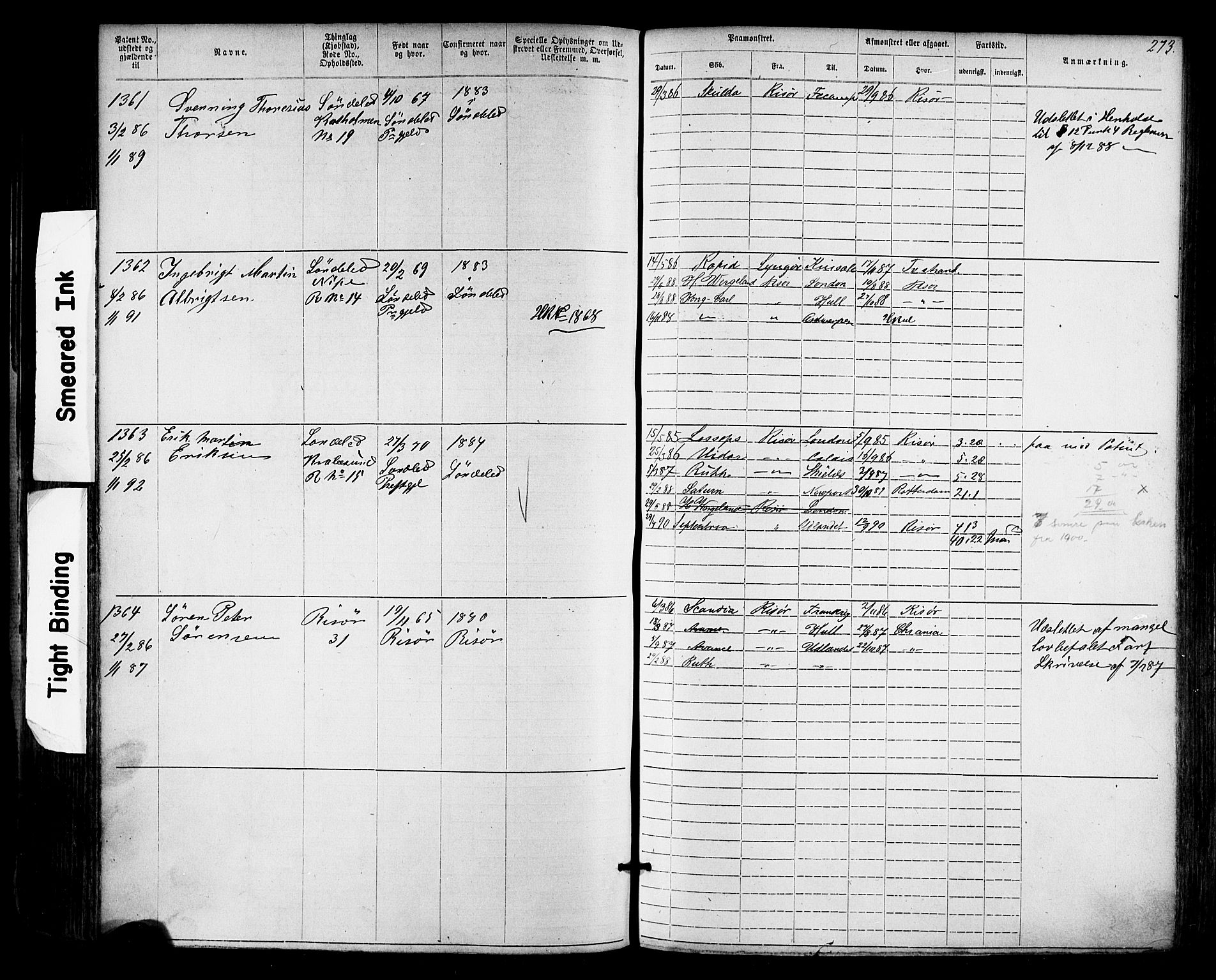 Risør mønstringskrets, AV/SAK-2031-0010/F/Fa/L0003: Annotasjonsrulle nr 1-1913 med register, T-7, 1863-1899, s. 211