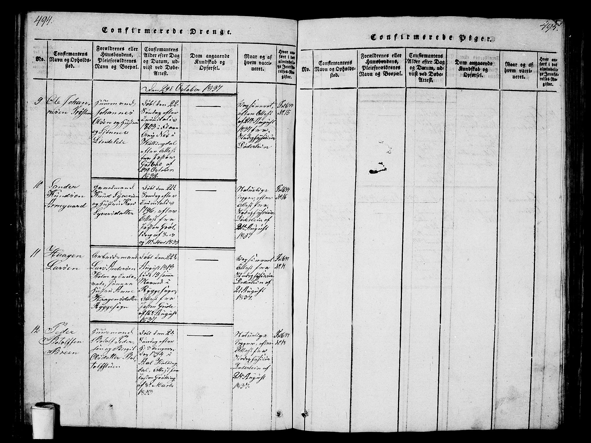 Kristiania tukthusprest Kirkebøker, AV/SAO-A-10881/G/Ga/L0001: Klokkerbok nr. 1, 1818-1857, s. 494-495