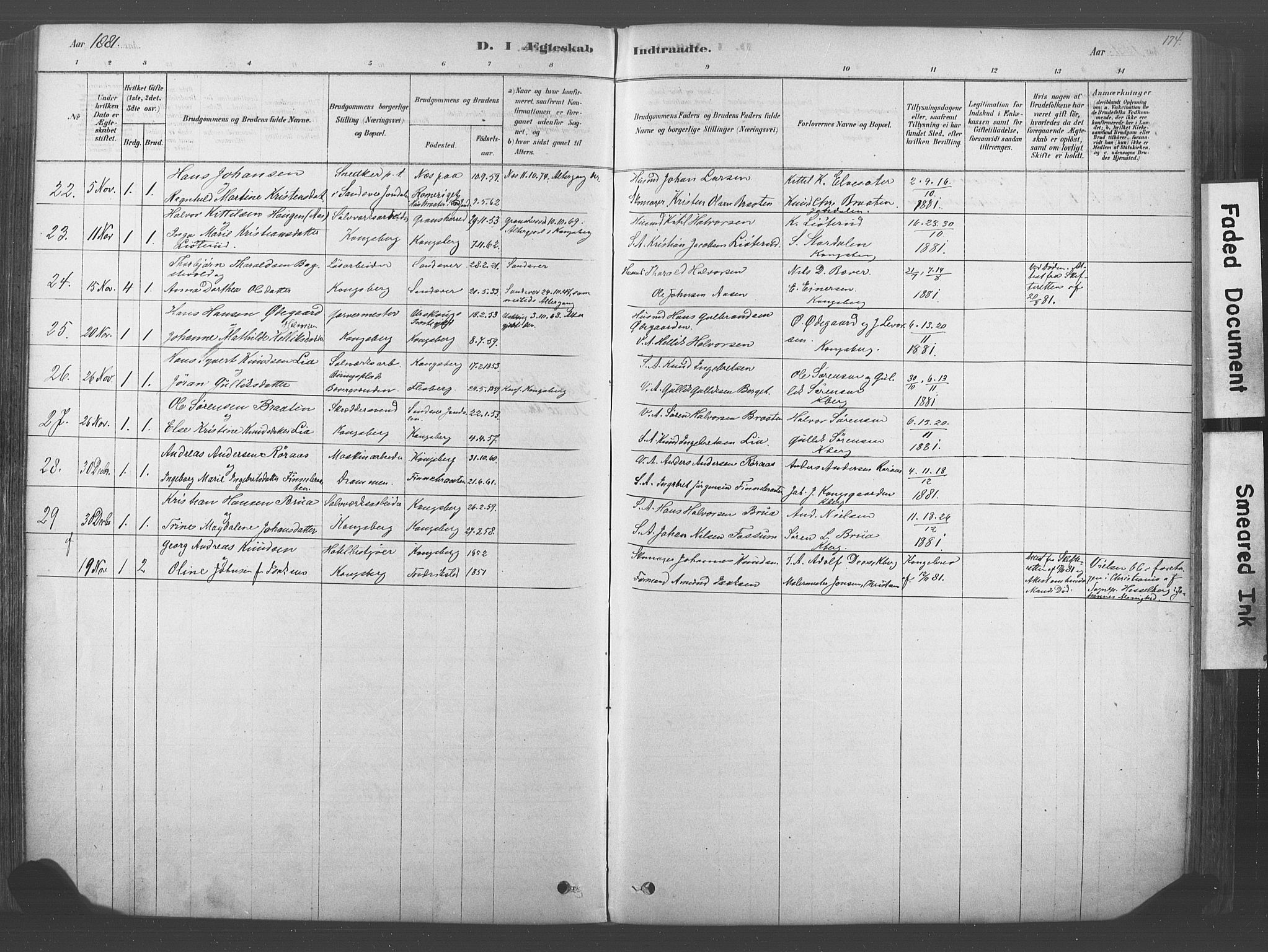 Kongsberg kirkebøker, AV/SAKO-A-22/F/Fb/L0001: Ministerialbok nr. II 1, 1878-1886, s. 174