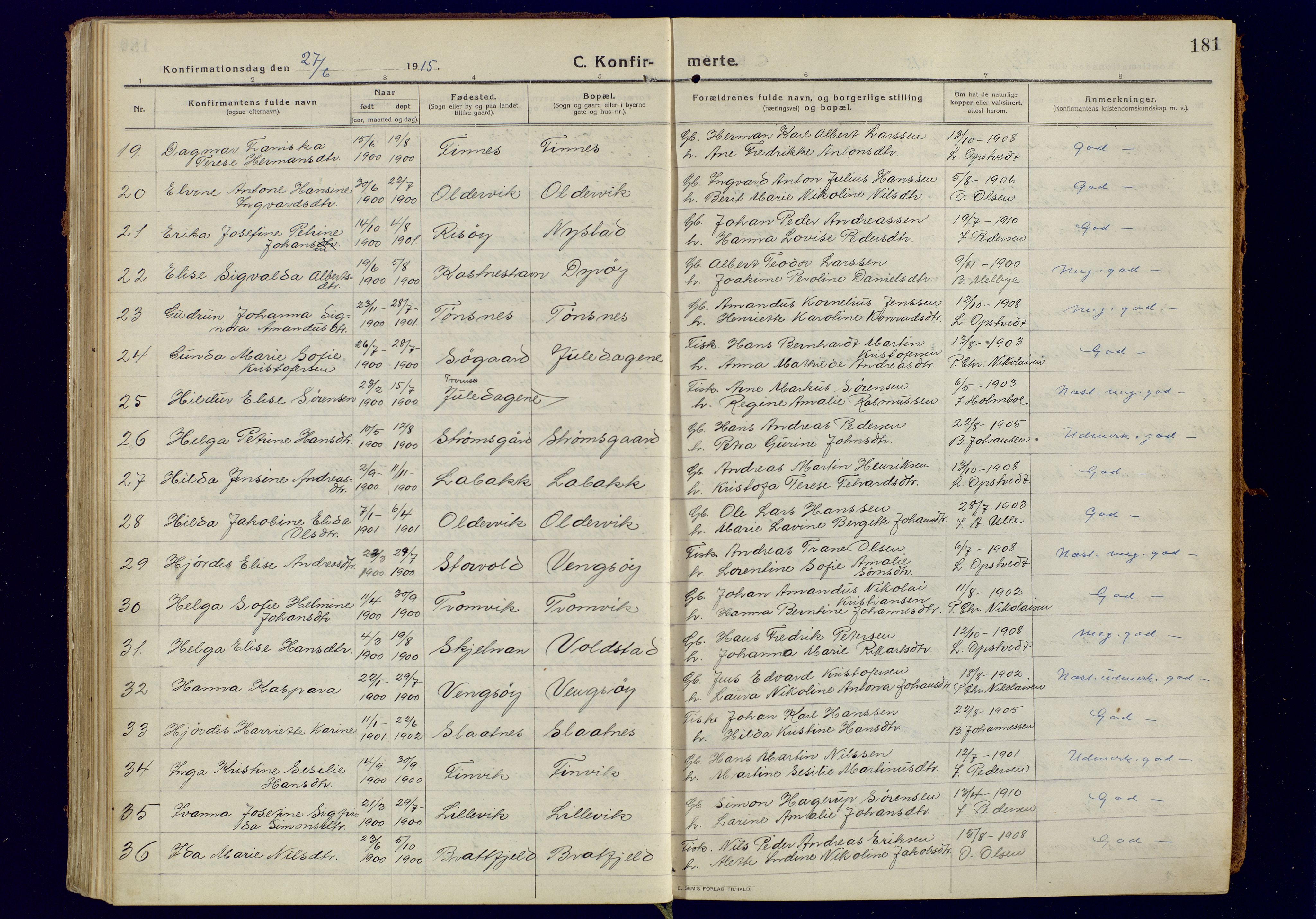 Tromsøysund sokneprestkontor, AV/SATØ-S-1304/G/Ga/L0008kirke: Ministerialbok nr. 8, 1914-1922, s. 181