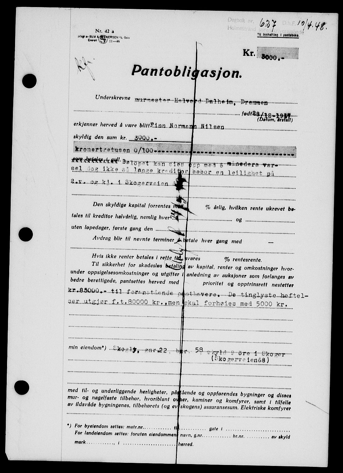 Holmestrand sorenskriveri, SAKO/A-67/G/Ga/Gab/L0058: Pantebok nr. B-58, 1947-1948, Dagboknr: 627/1948
