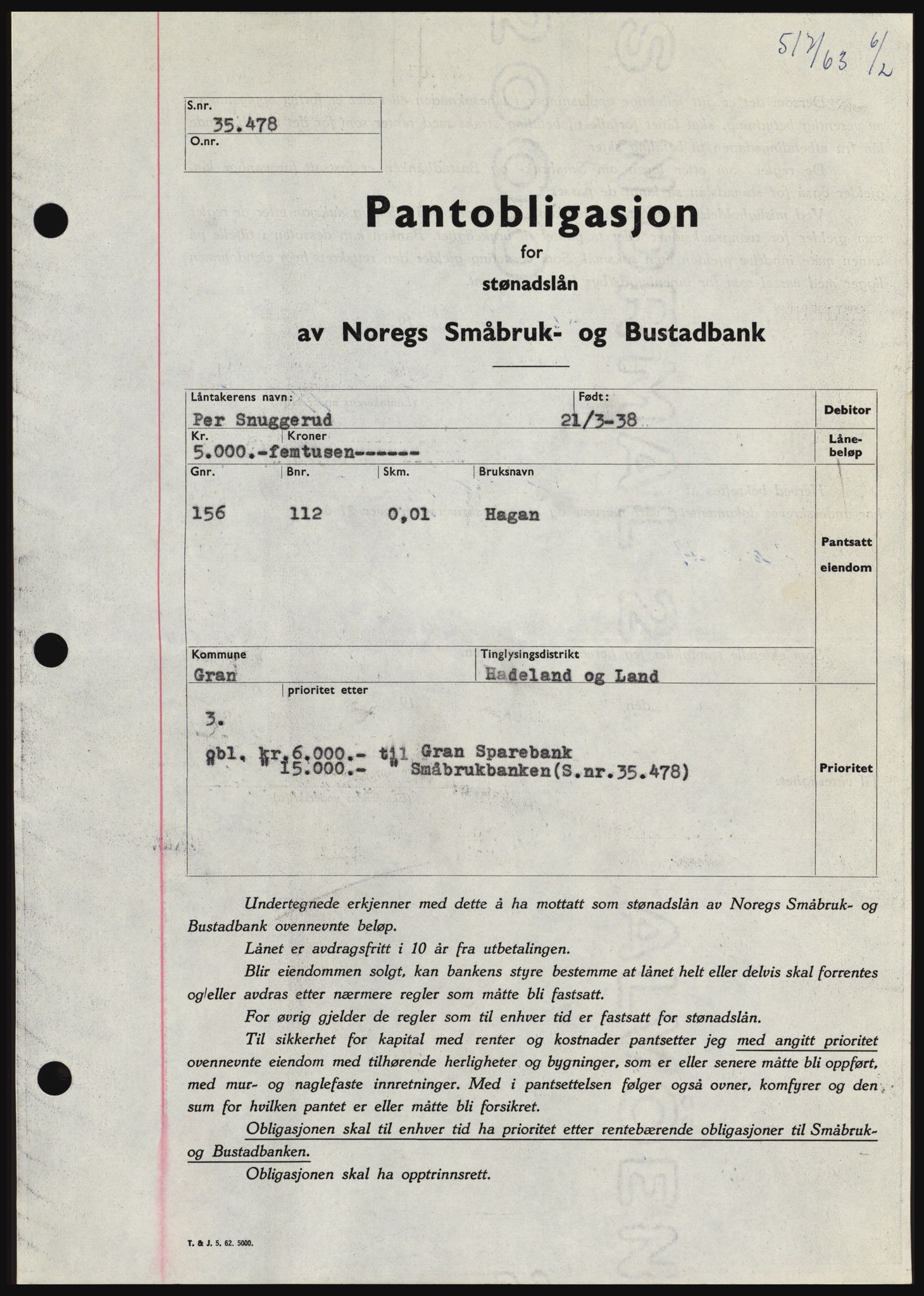 Hadeland og Land tingrett, SAH/TING-010/H/Hb/Hbc/L0050: Pantebok nr. B50, 1962-1963, Dagboknr: 517/1963