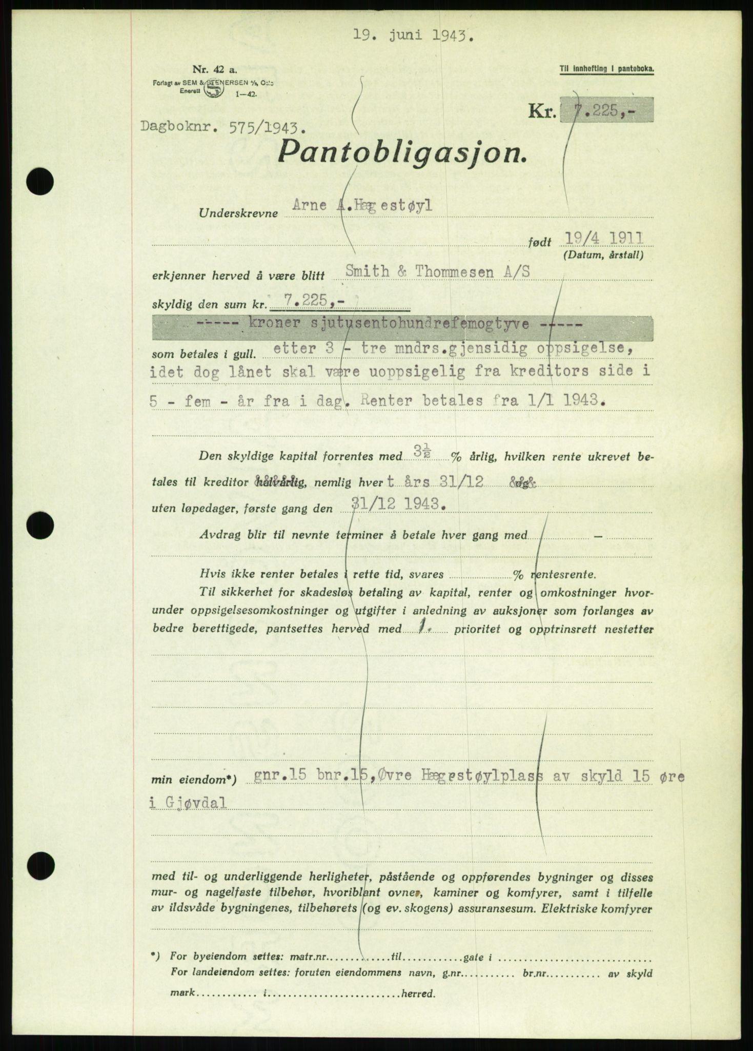 Nedenes sorenskriveri, SAK/1221-0006/G/Gb/Gbb/L0002: Pantebok nr. II, 1942-1945, Dagboknr: 575/1943