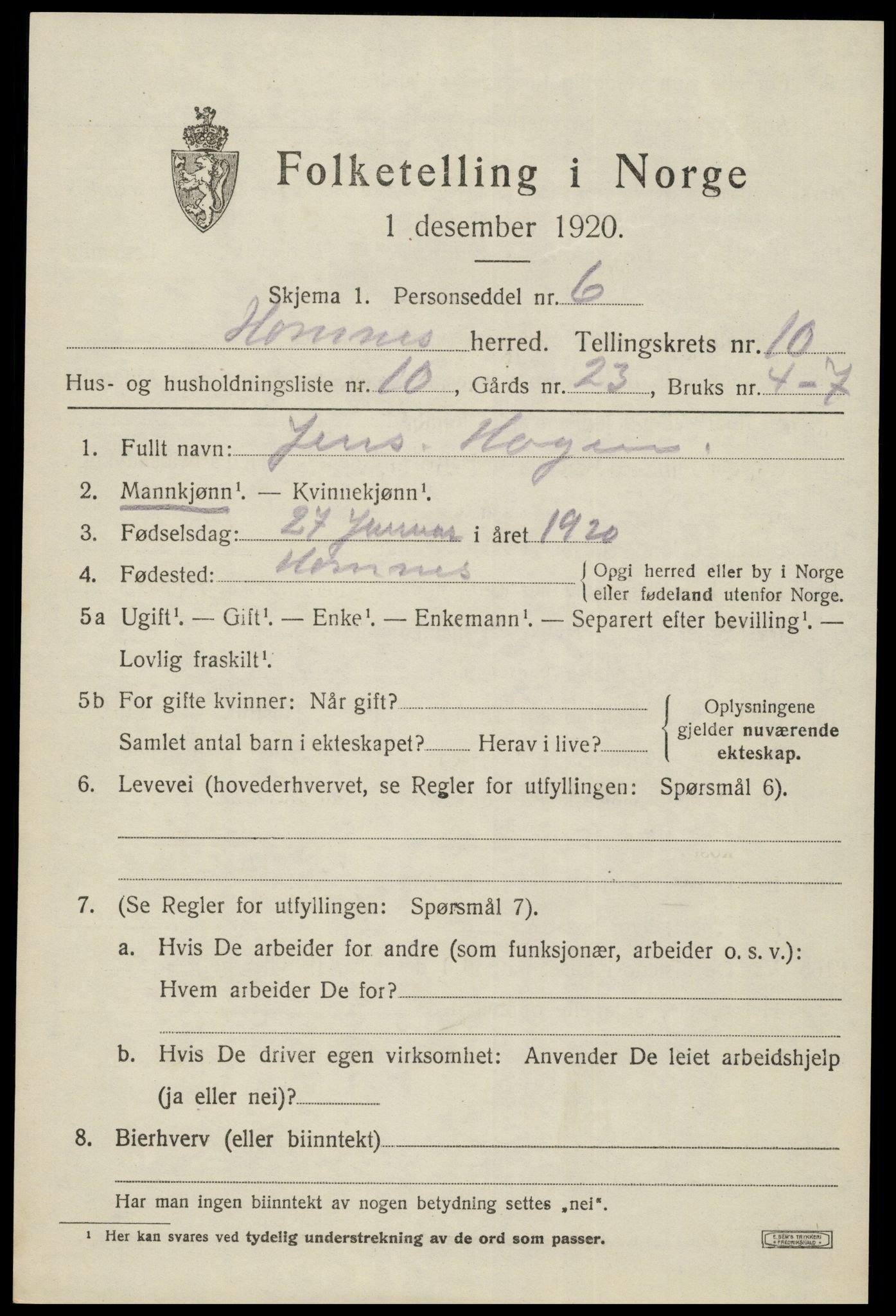 SAK, Folketelling 1920 for 0936 Hornnes herred, 1920, s. 2611