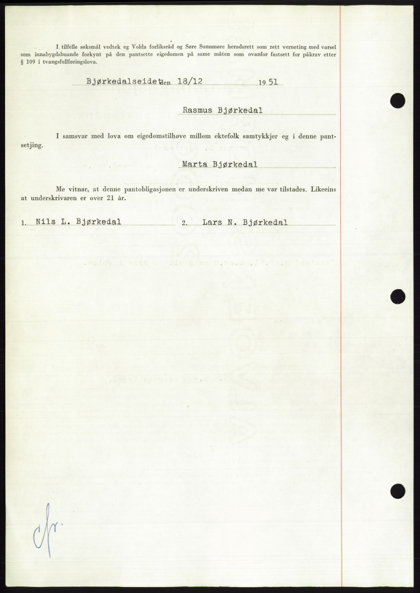 Søre Sunnmøre sorenskriveri, AV/SAT-A-4122/1/2/2C/L0121: Pantebok nr. 9B, 1951-1952, Dagboknr: 2521/1951