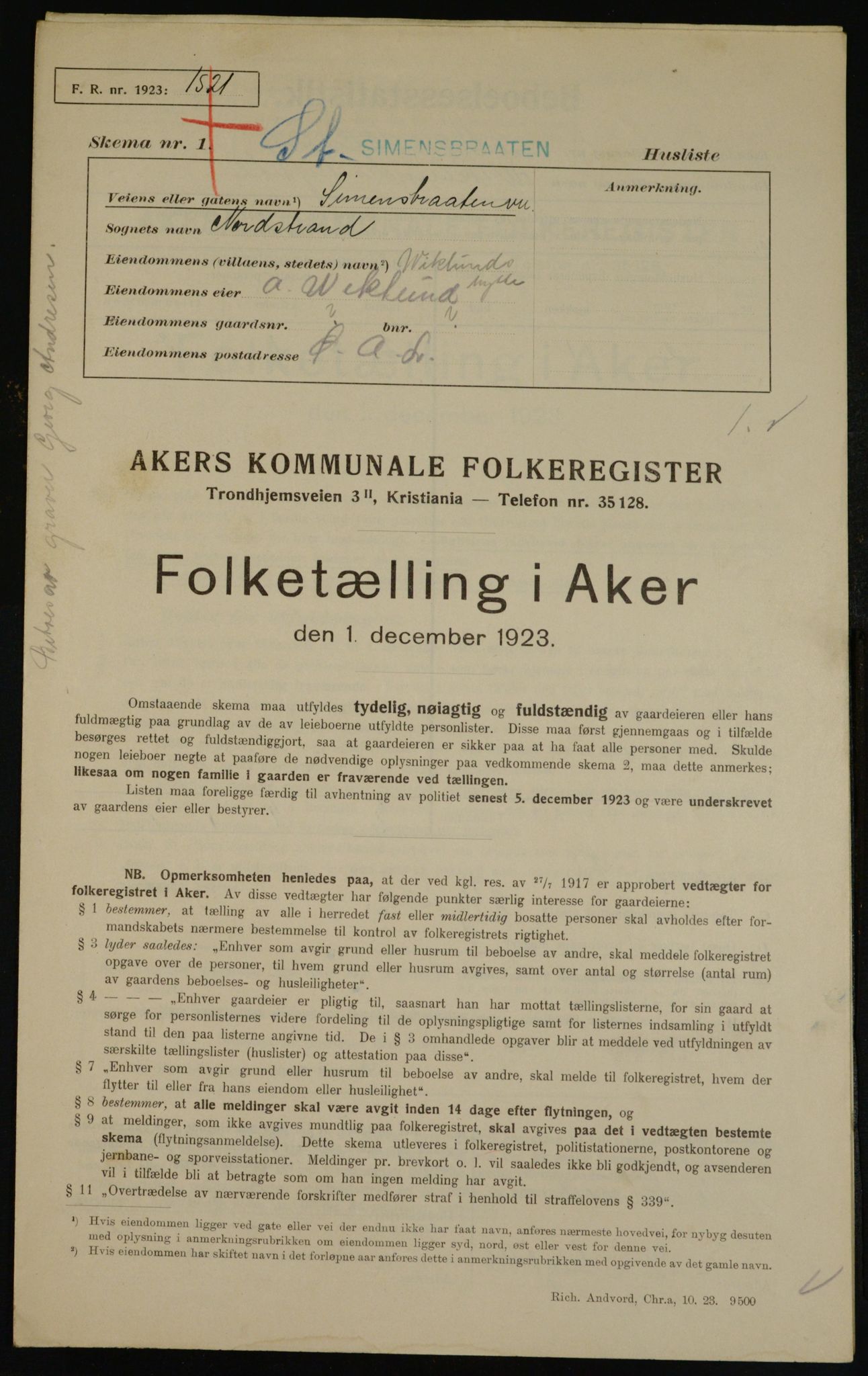 , Kommunal folketelling 1.12.1923 for Aker, 1923, s. 45311