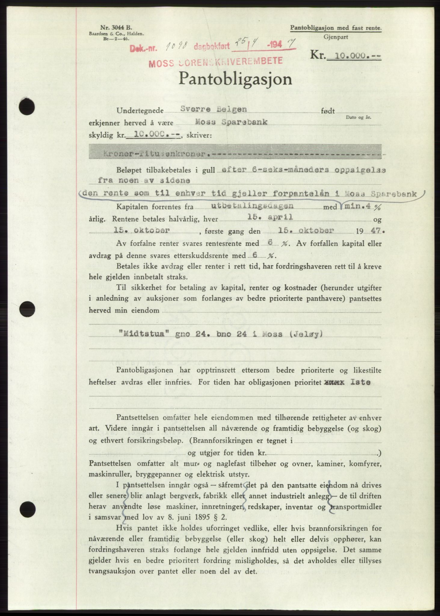 Moss sorenskriveri, SAO/A-10168: Pantebok nr. B17, 1947-1947, Dagboknr: 1098/1947