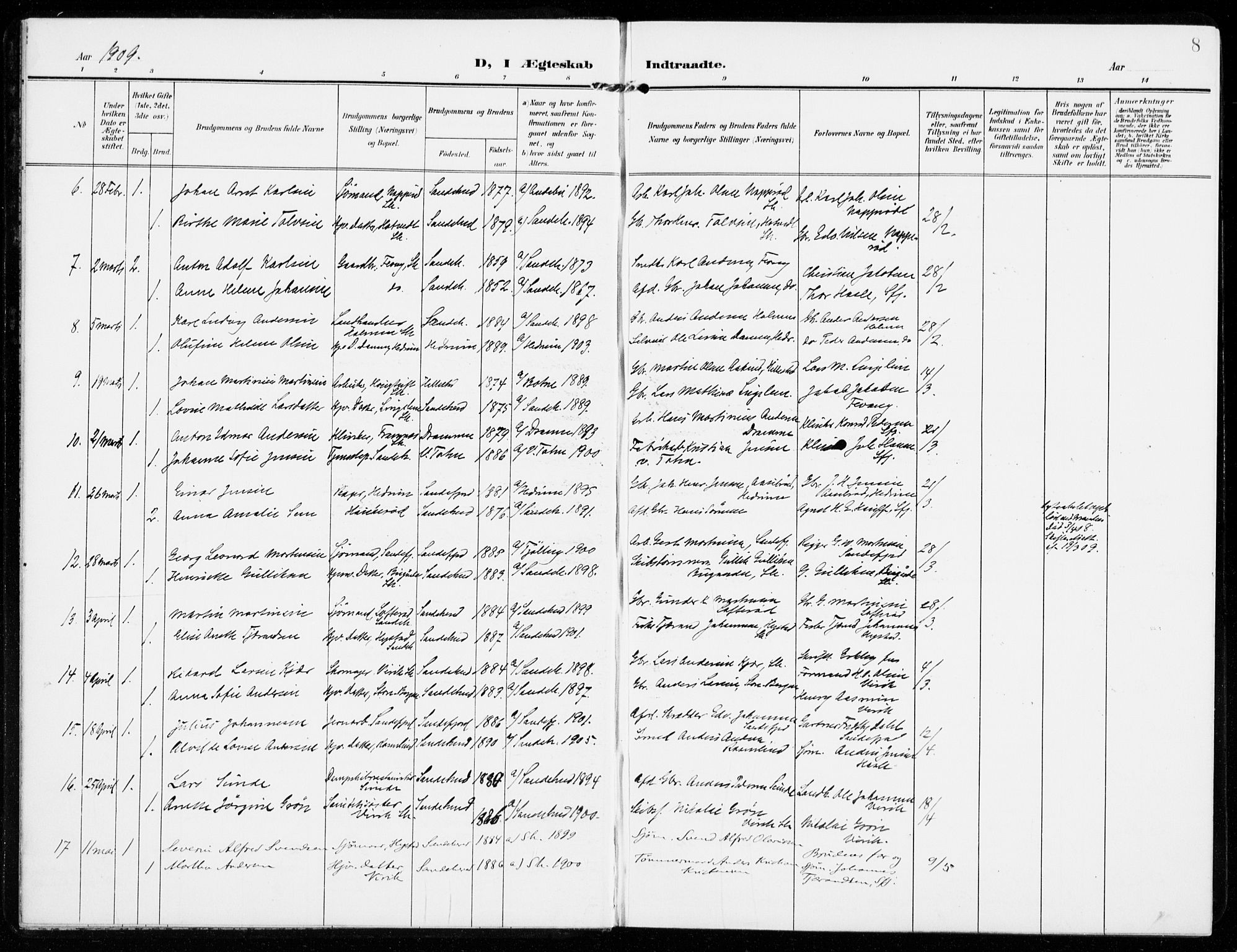 Sandar kirkebøker, AV/SAKO-A-243/F/Fa/L0019: Ministerialbok nr. 19, 1908-1914, s. 8