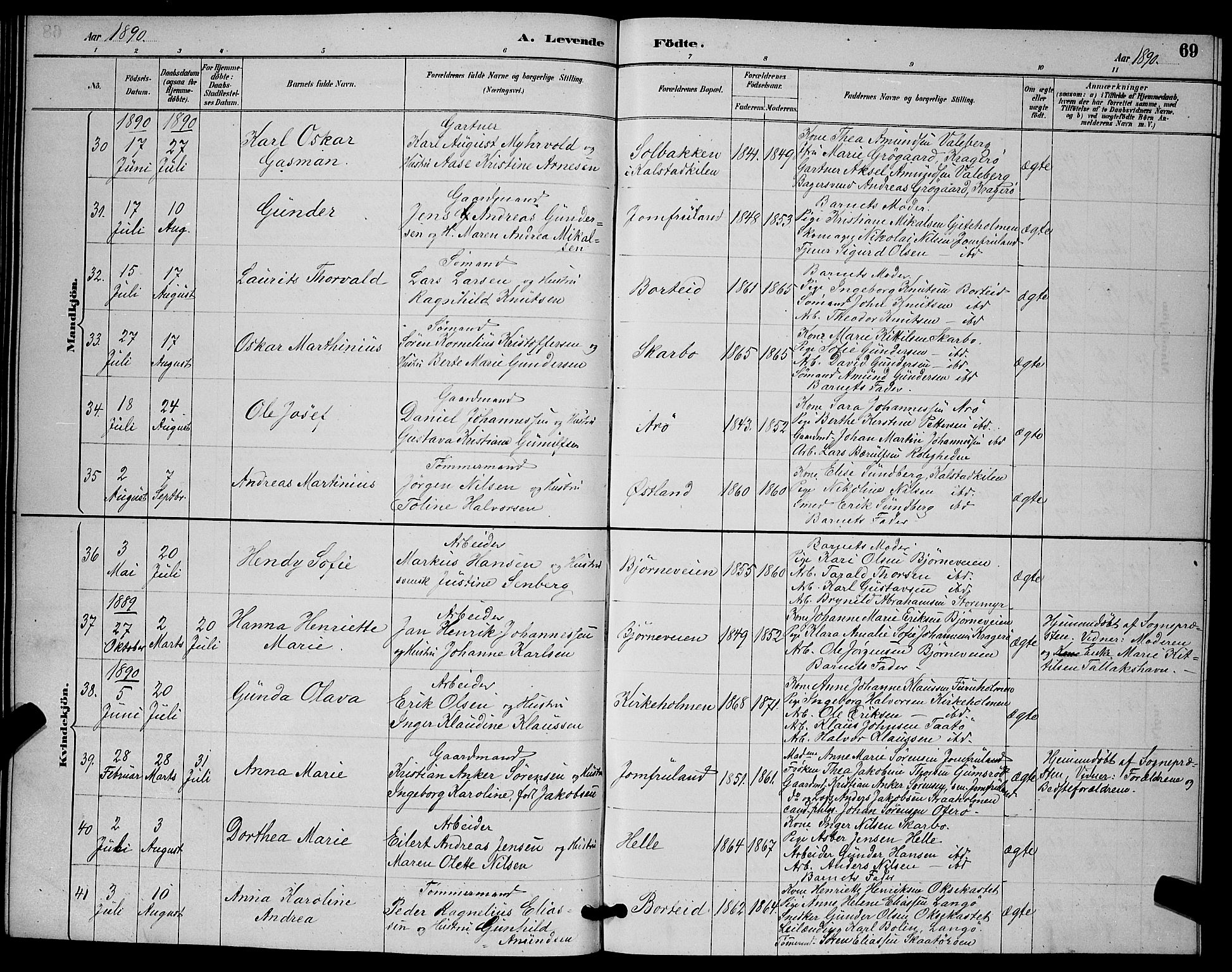 Skåtøy kirkebøker, AV/SAKO-A-304/G/Ga/L0003: Klokkerbok nr. I 3, 1884-1898, s. 69