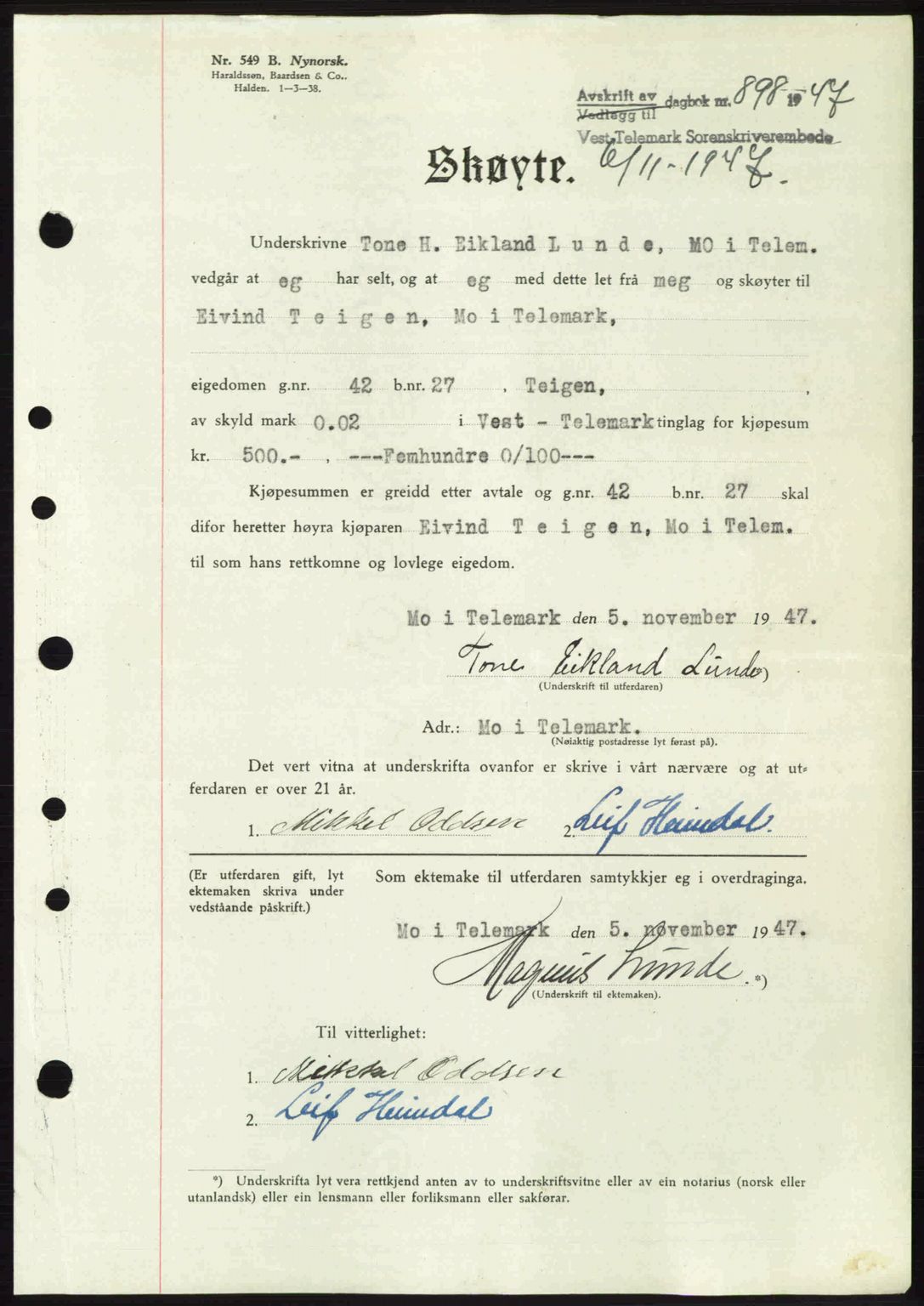 Vest-Telemark sorenskriveri, SAKO/A-134/G/Ga/Gac/L0008: Pantebok nr. A-8, 1947-1948, Dagboknr: 898/1947