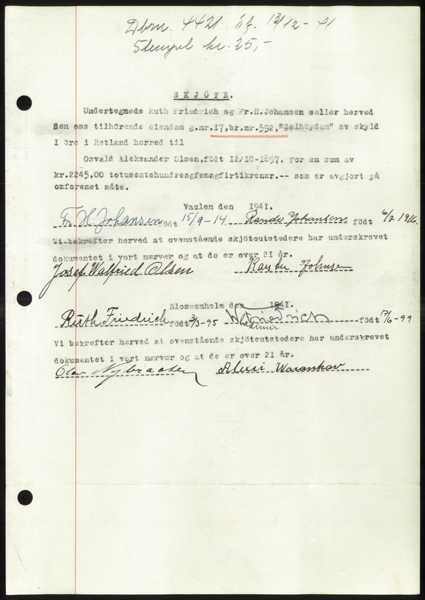 Jæren sorenskriveri, SAST/A-100310/03/G/Gba/L0081: Pantebok, 1941-1941, Dagboknr: 4421/1941