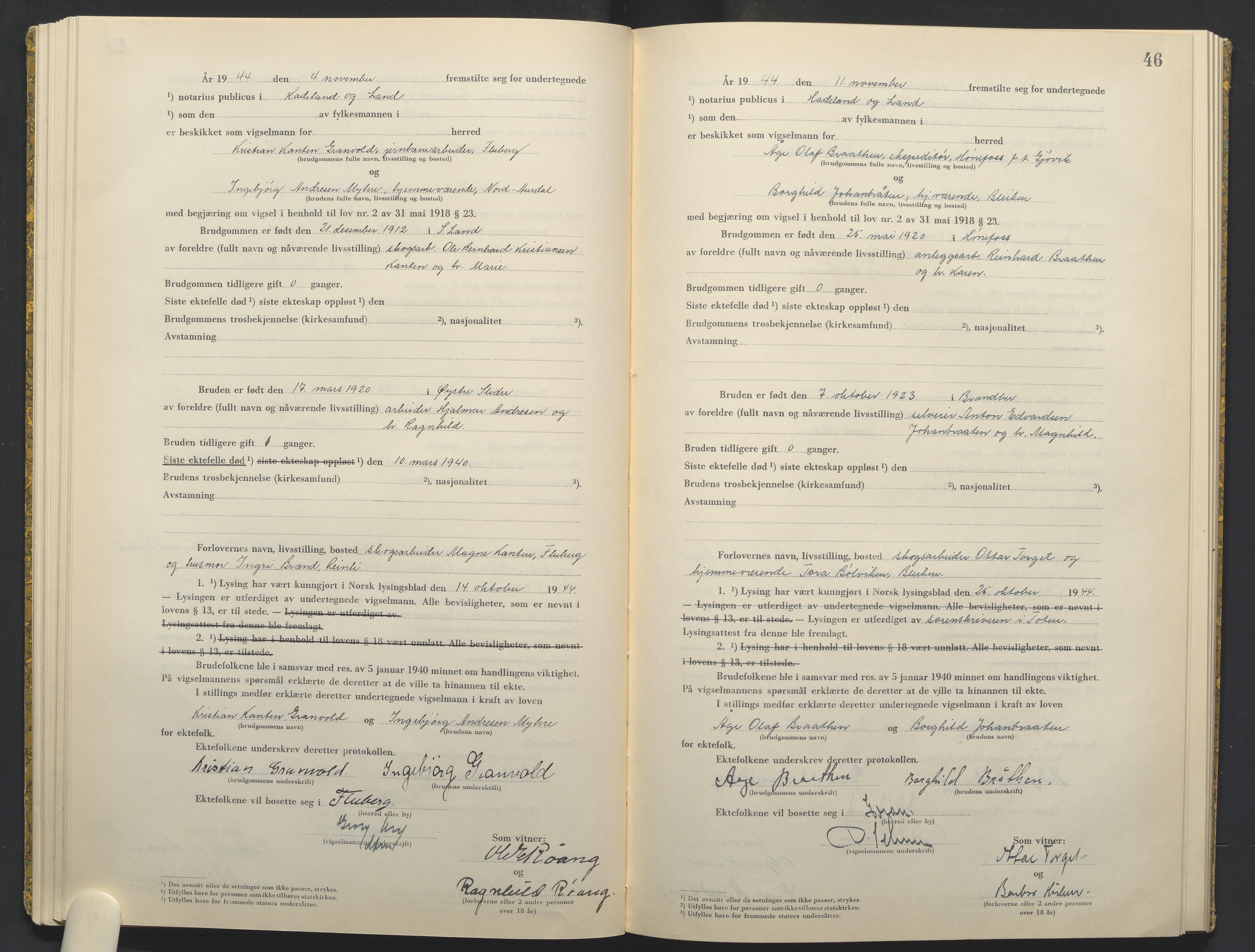 Hadeland og Land tingrett, AV/SAH-TING-010/L/Lb/L0003: Vigselbok, 1944-1946, s. 46