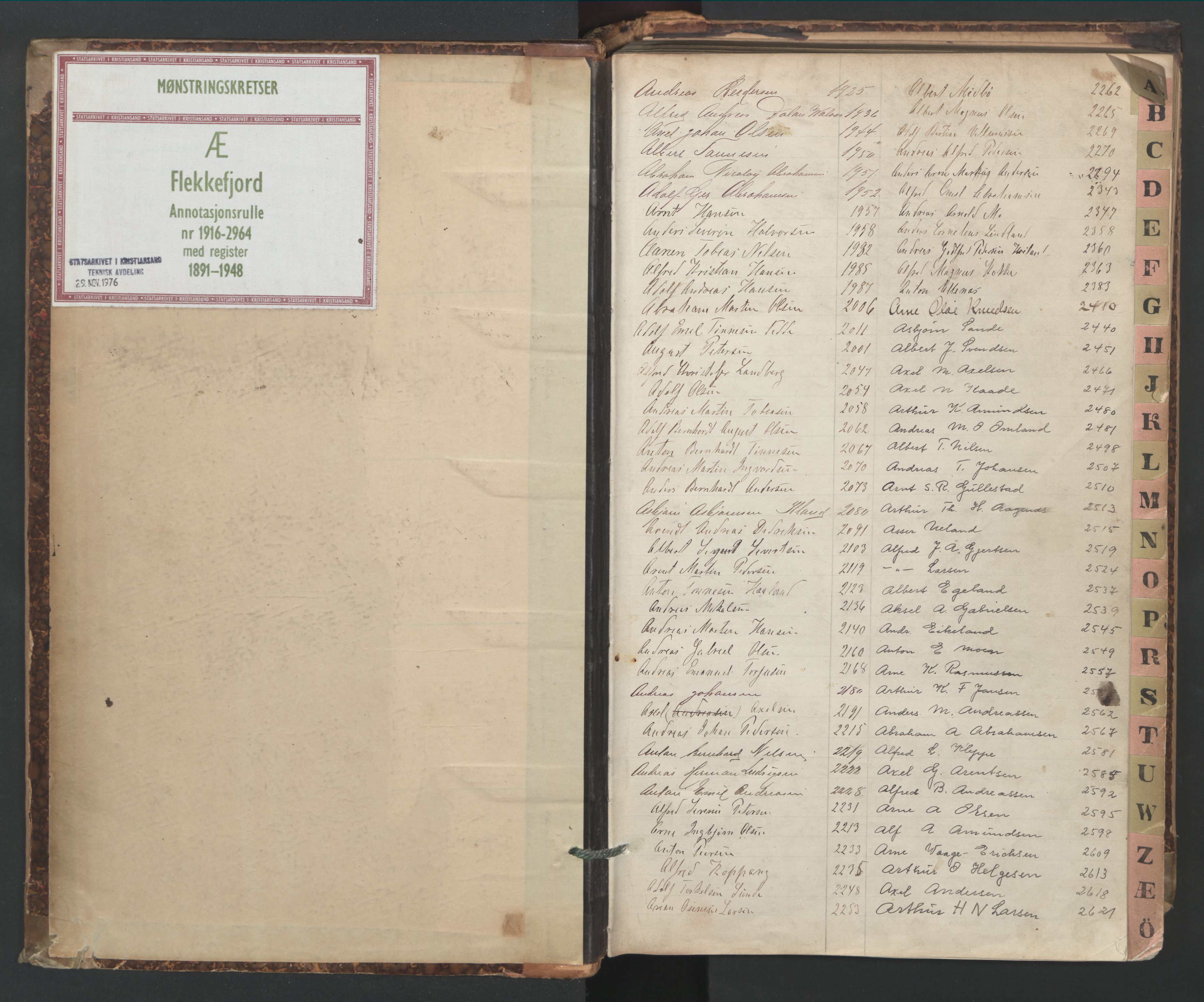Flekkefjord mønstringskrets, AV/SAK-2031-0018/F/Fa/L0006: Annotasjonsrulle nr 1916-2964 med register, Æ-3, 1891-1948, s. 2