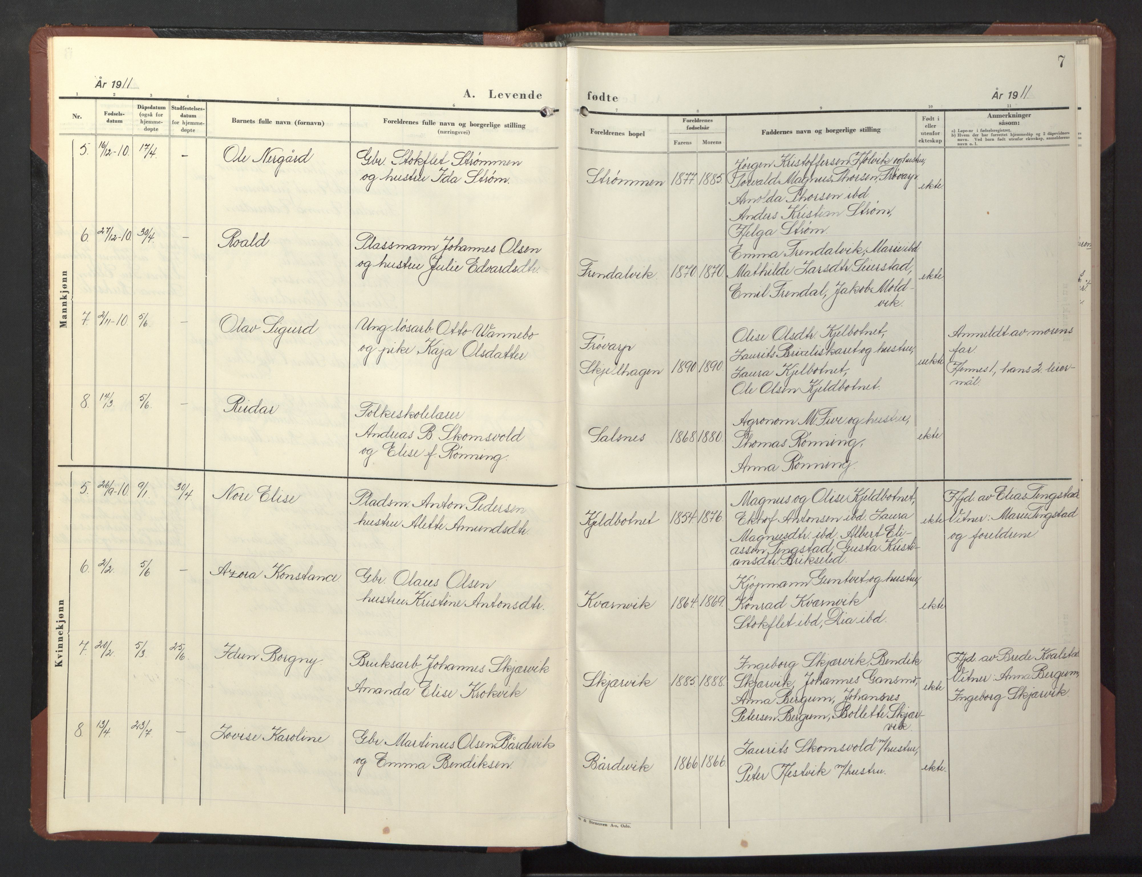 Ministerialprotokoller, klokkerbøker og fødselsregistre - Nord-Trøndelag, AV/SAT-A-1458/773/L0625: Klokkerbok nr. 773C01, 1910-1952, s. 7