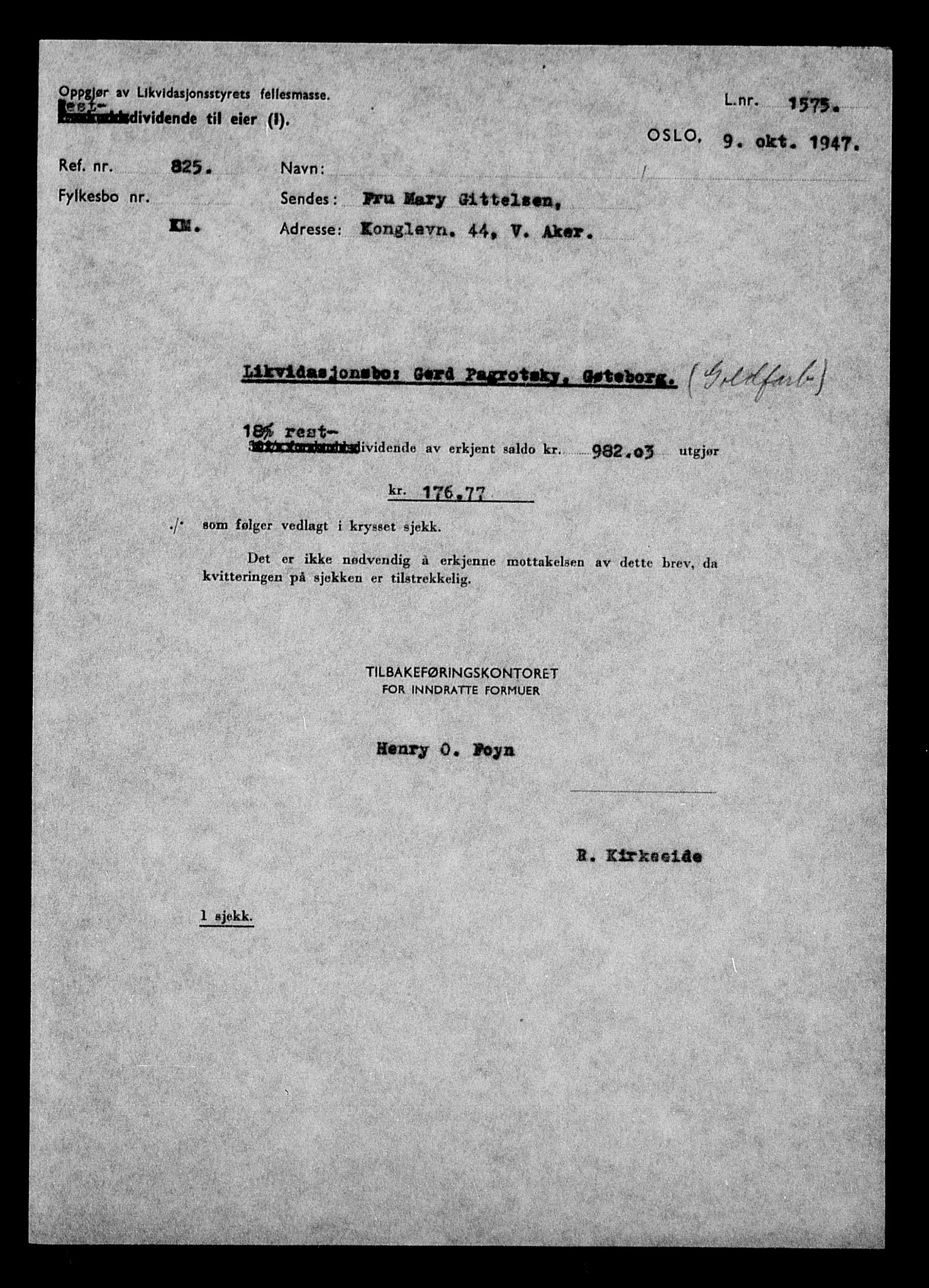 Justisdepartementet, Tilbakeføringskontoret for inndratte formuer, AV/RA-S-1564/H/Hc/Hcd/L0996: --, 1945-1947, s. 43