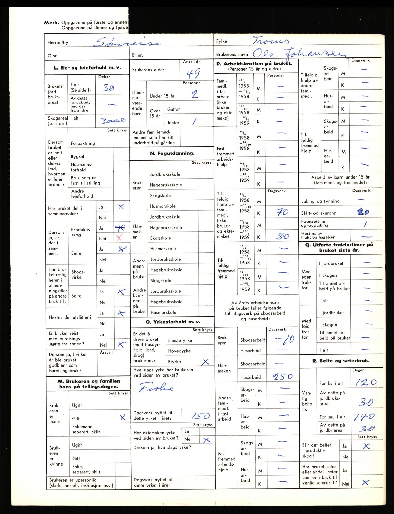 Statistisk sentralbyrå, Næringsøkonomiske emner, Jordbruk, skogbruk, jakt, fiske og fangst, AV/RA-S-2234/G/Gd/L0656: Troms: 1924 Målselv (kl. 0-3) og 1925 Sørreisa, 1959, s. 1603