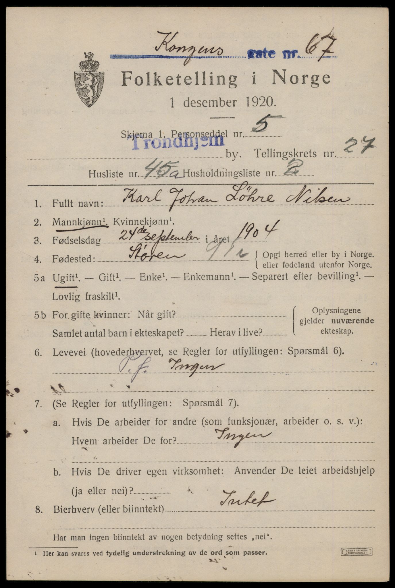 SAT, Folketelling 1920 for 1601 Trondheim kjøpstad, 1920, s. 70898